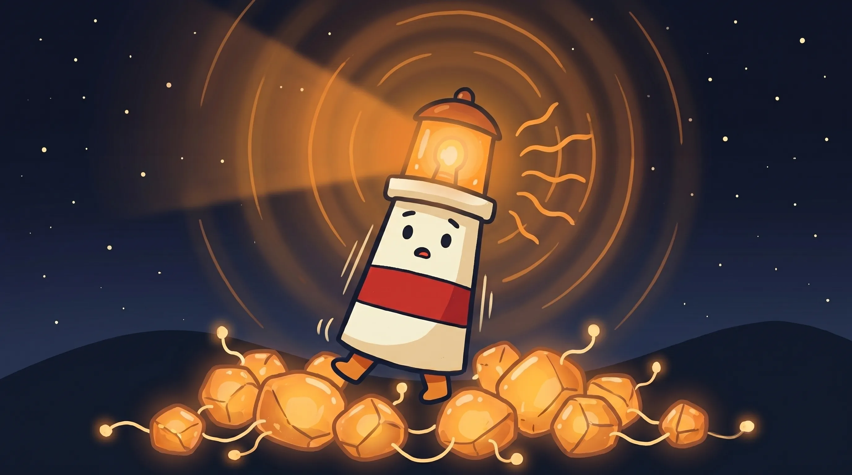Beacon the lighthouse illuminating a glowing brain connected by network nodes, symbolizing shared AI memory.