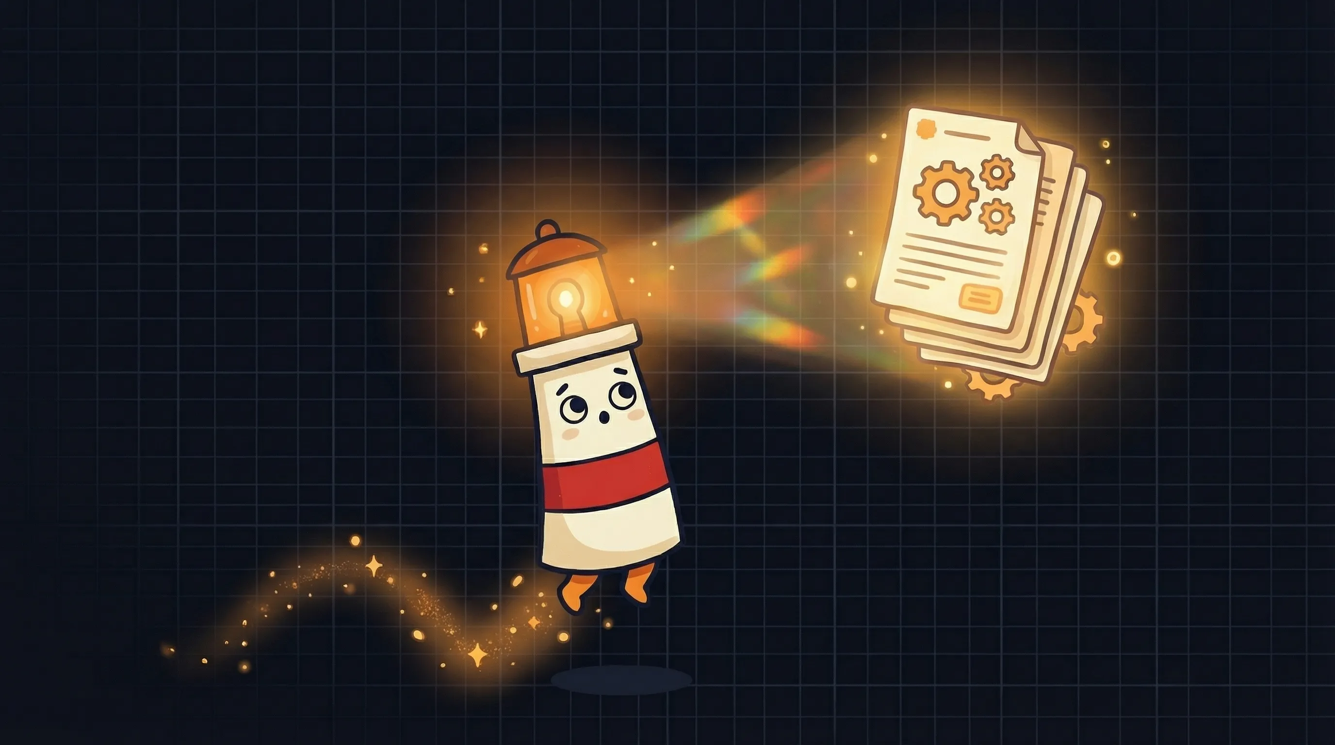Beacon the lighthouse illuminating a towering stack of support tickets, symbolizing automated customer service at scale.