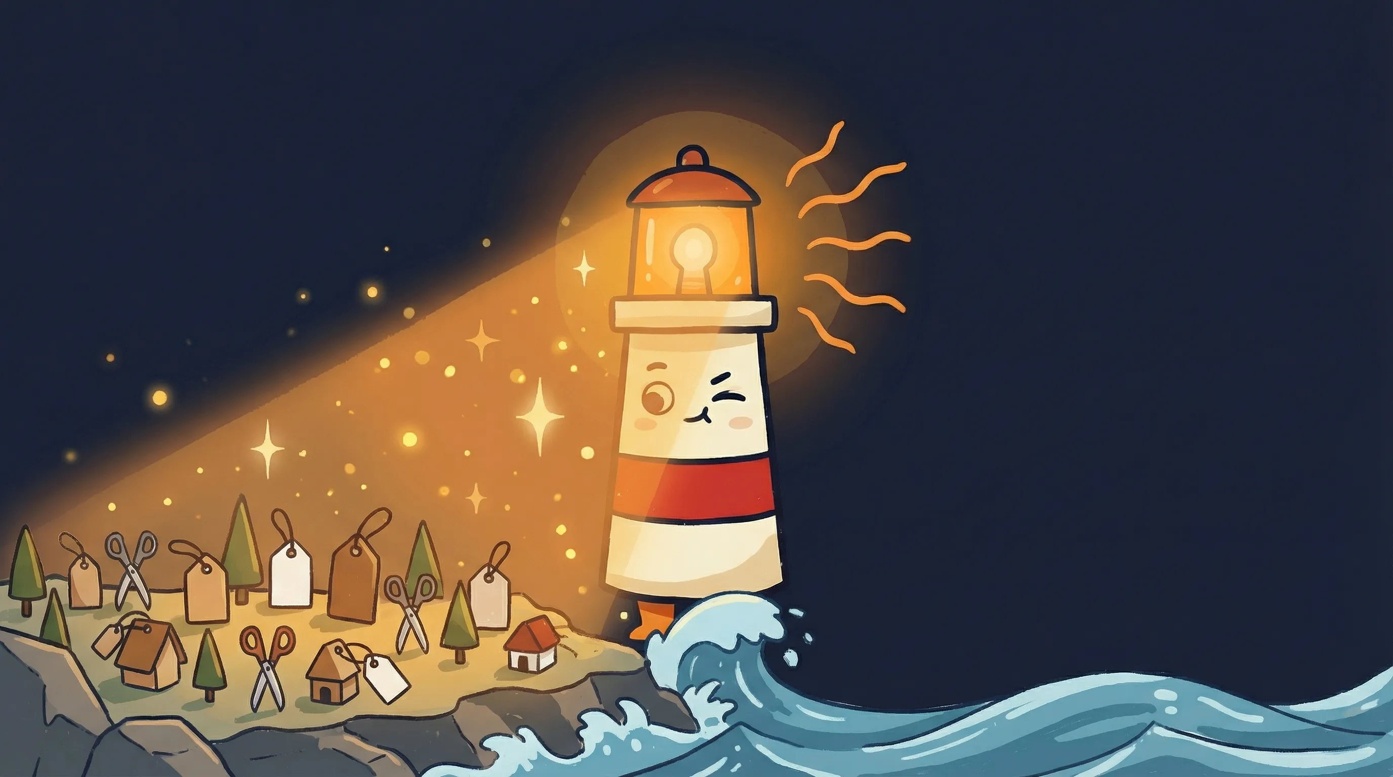 Beacon the lighthouse illuminating a price tag and code symbols, contrasting affordable AI coding alternatives.