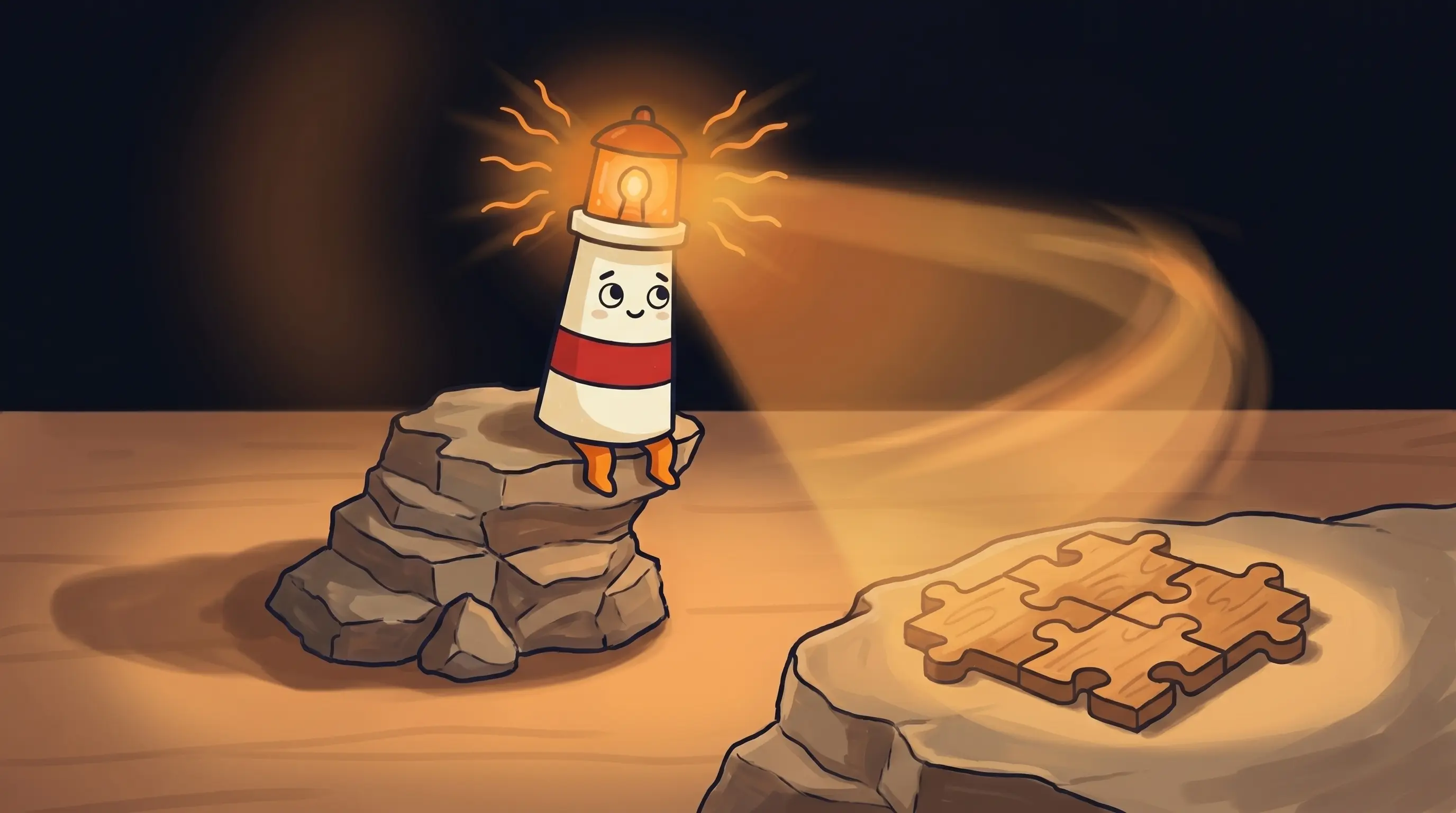 Beacon the lighthouse character shining light on tangled decision paths, illustrating the complexity of choosing an AI age...