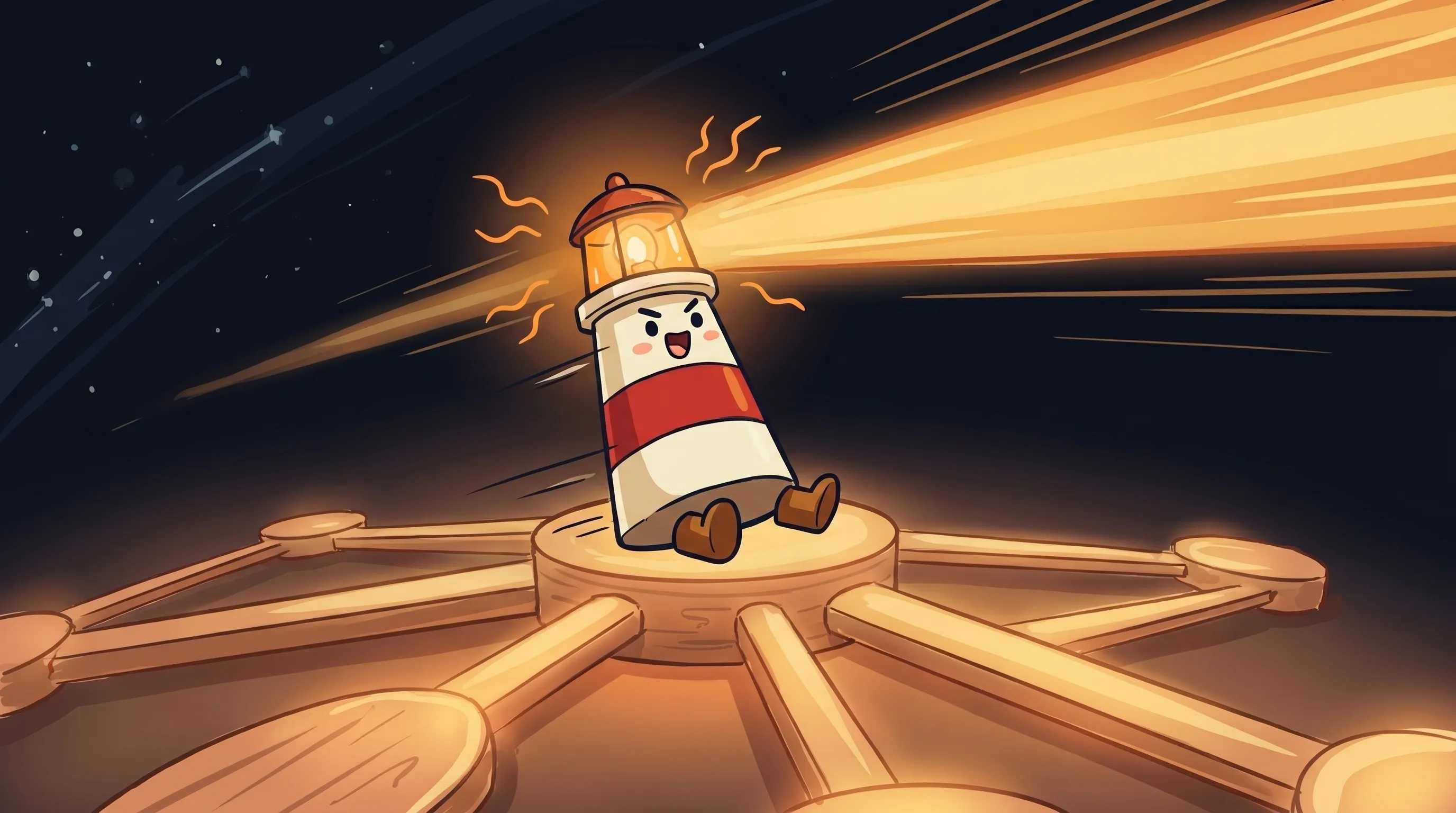 Beacon the lighthouse illuminating a glowing AI agent interface, cream body with red stripe, amber light shining on digita...