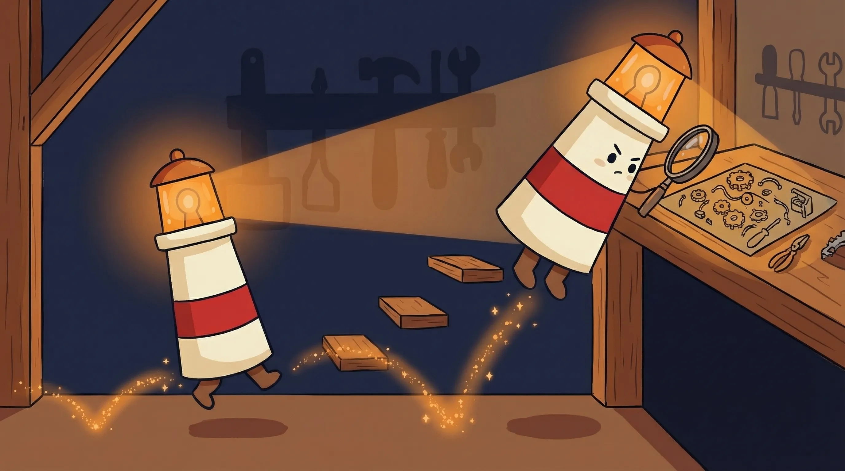 Beacon the lighthouse illuminating three numbered steps, guiding new agent onboarding on a dark navy background.