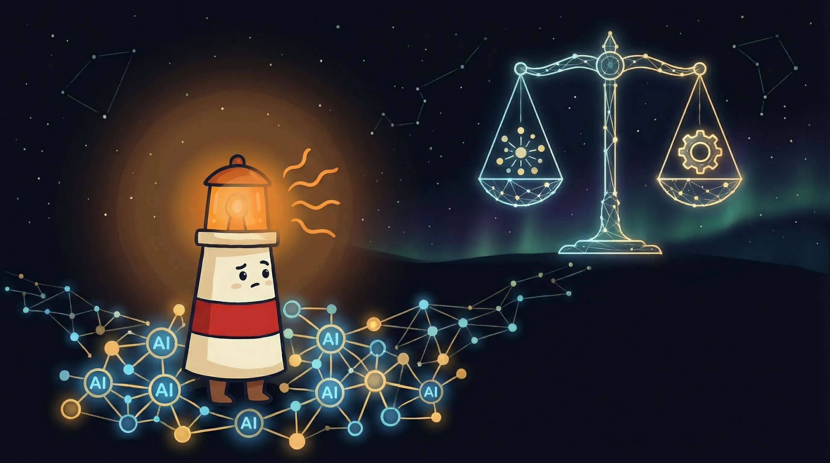 Beacon the lighthouse illuminating two AI platform logos, its amber light casting a warm glow on a split comparison chart.