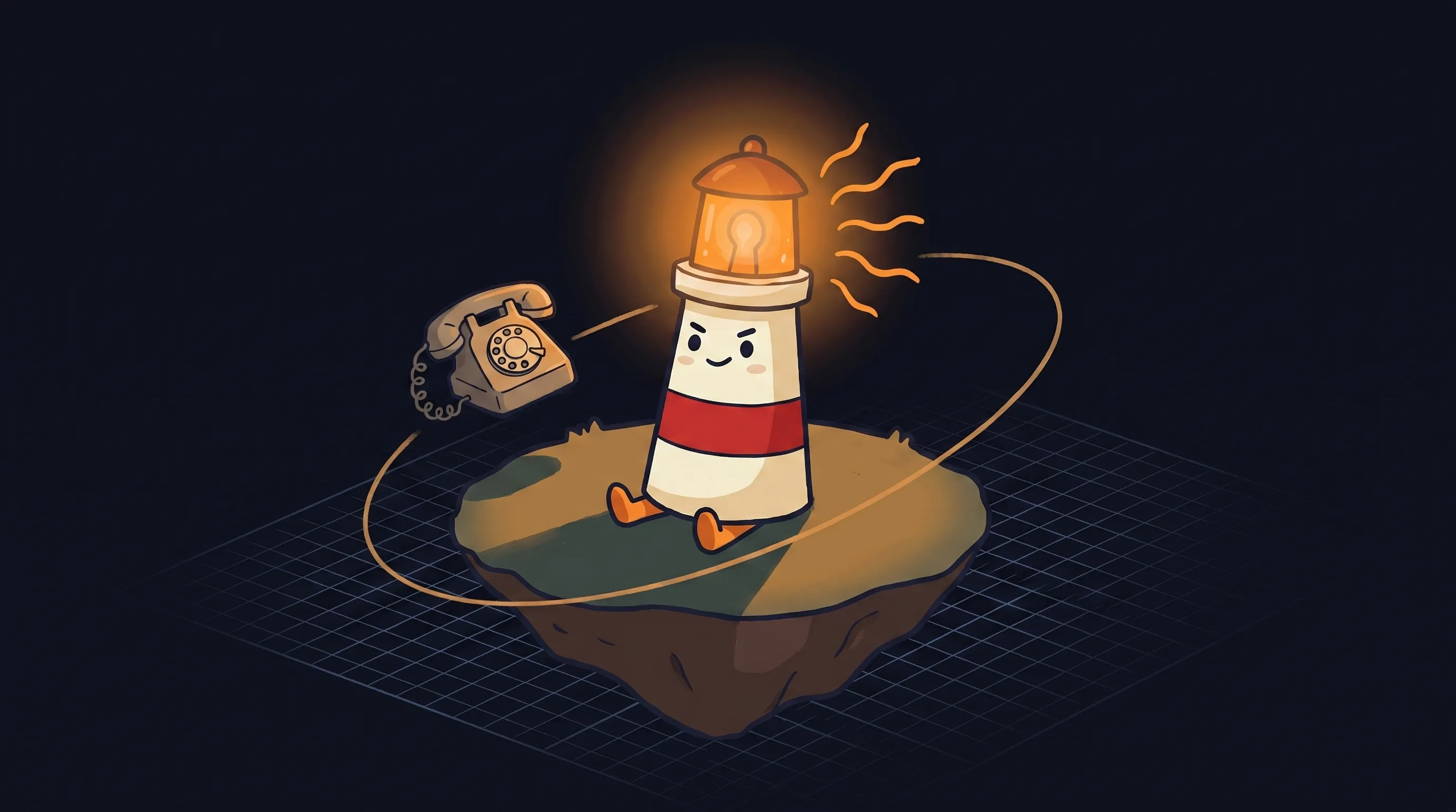 Beacon sits beside a ringing rotary phone while its amber lantern glows on a dark navy background.