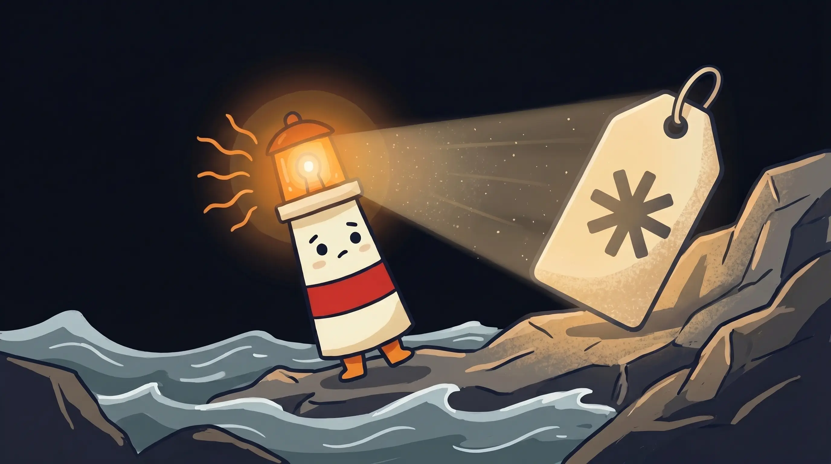Beacon the lighthouse character shining a glowing amber beam onto a phone displaying a free AI answering service chatbot i...