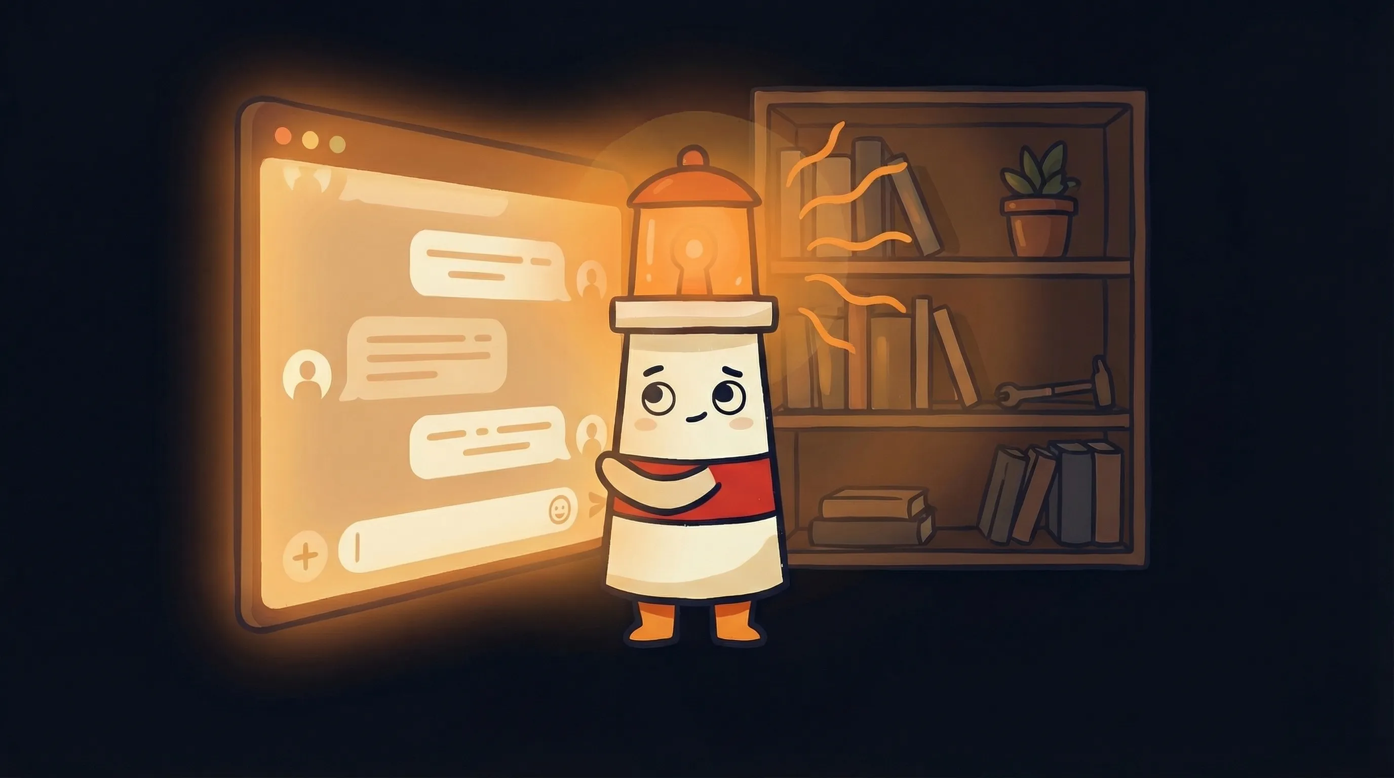 Beacon the lighthouse illuminating a glowing AI virtual assistant interface, cream body with red stripe on dark navy.