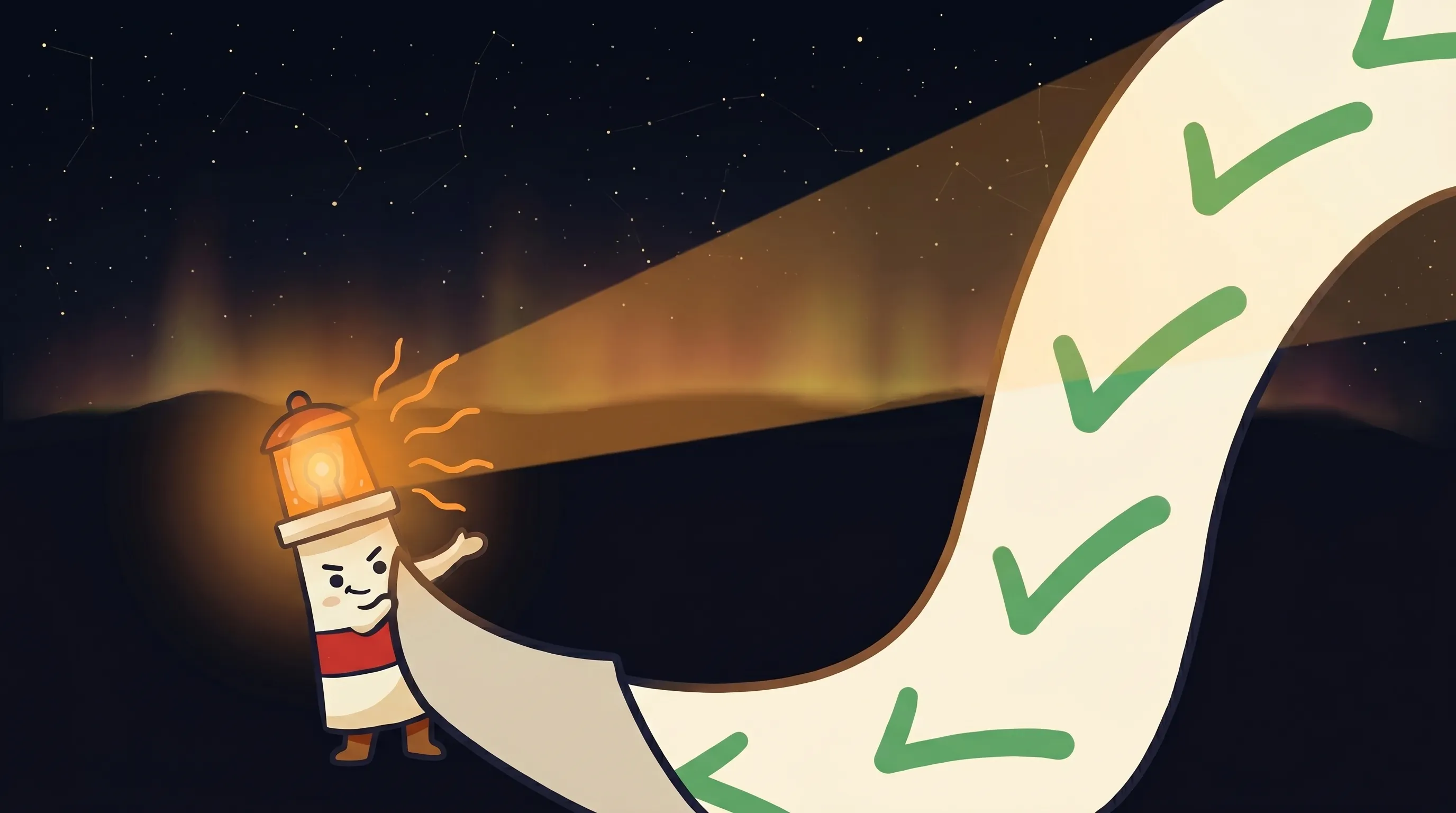Beacon the lighthouse illuminating a checklist audit document, representing the shift from chatbot to AI employee.
