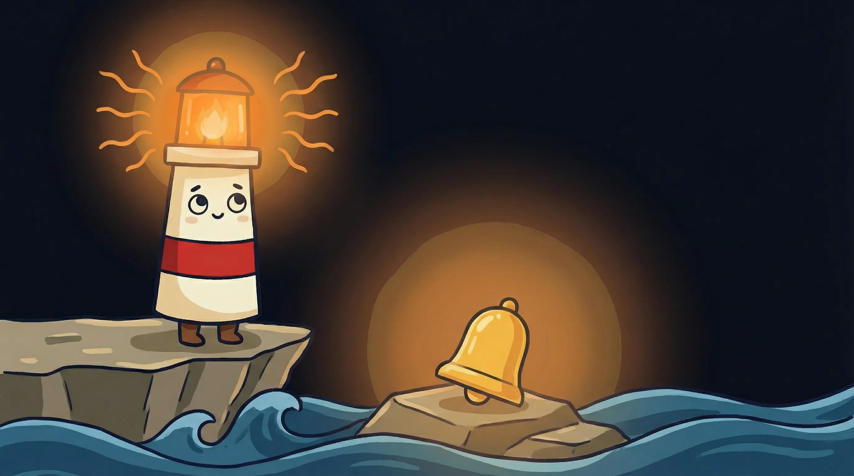 Beacon the lighthouse character shining a warm amber glow onto an alert notification, symbolizing AI incident response.