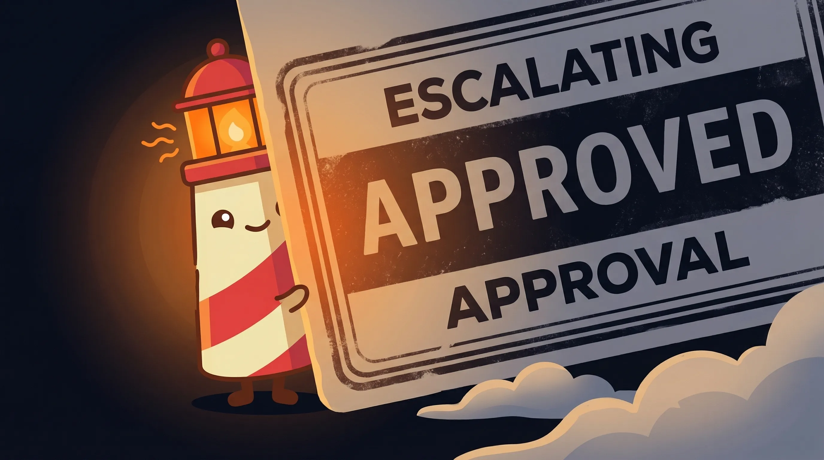 Beacon the lighthouse character shining a warm amber glow onto a clipboard with an approval checklist on dark navy.