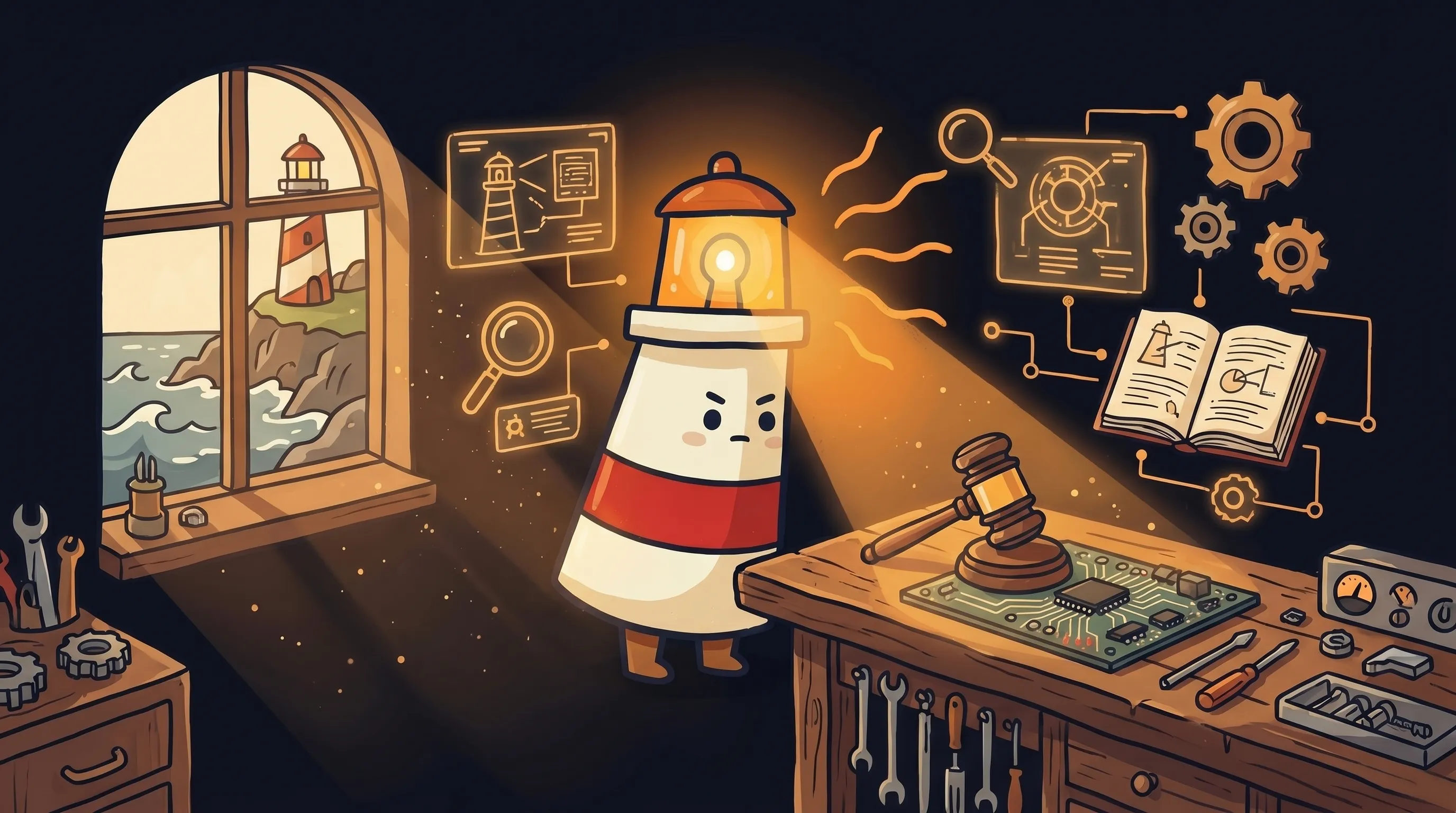 Beacon the lighthouse illuminating a tangled web of AI agent nodes, its amber glow revealing gaps in oversight on navy bac...