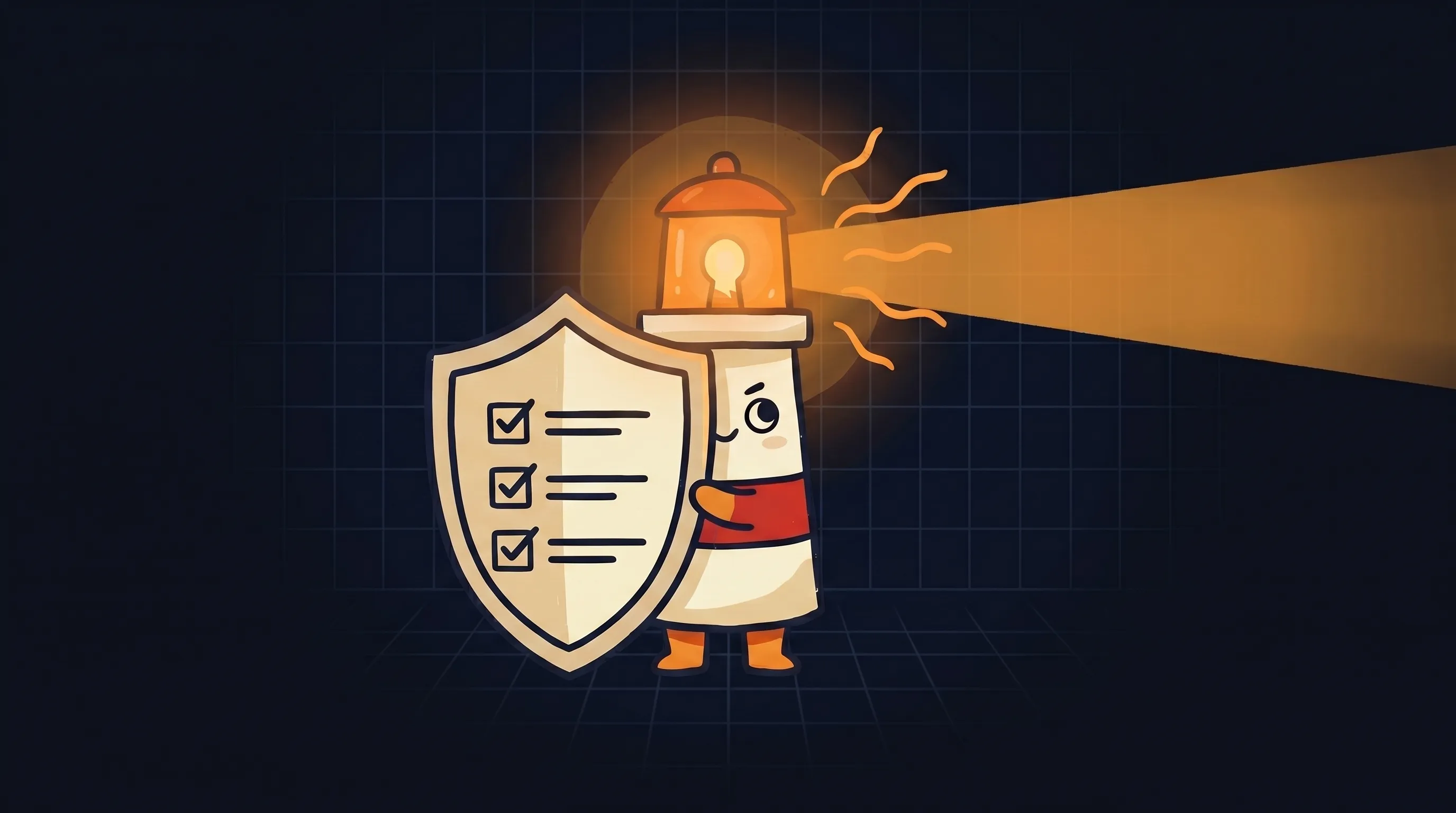 Beacon the lighthouse illuminating a checklist clipboard with warm amber light, symbolizing identity controls, persistent memory, approvals, and governance oversight.