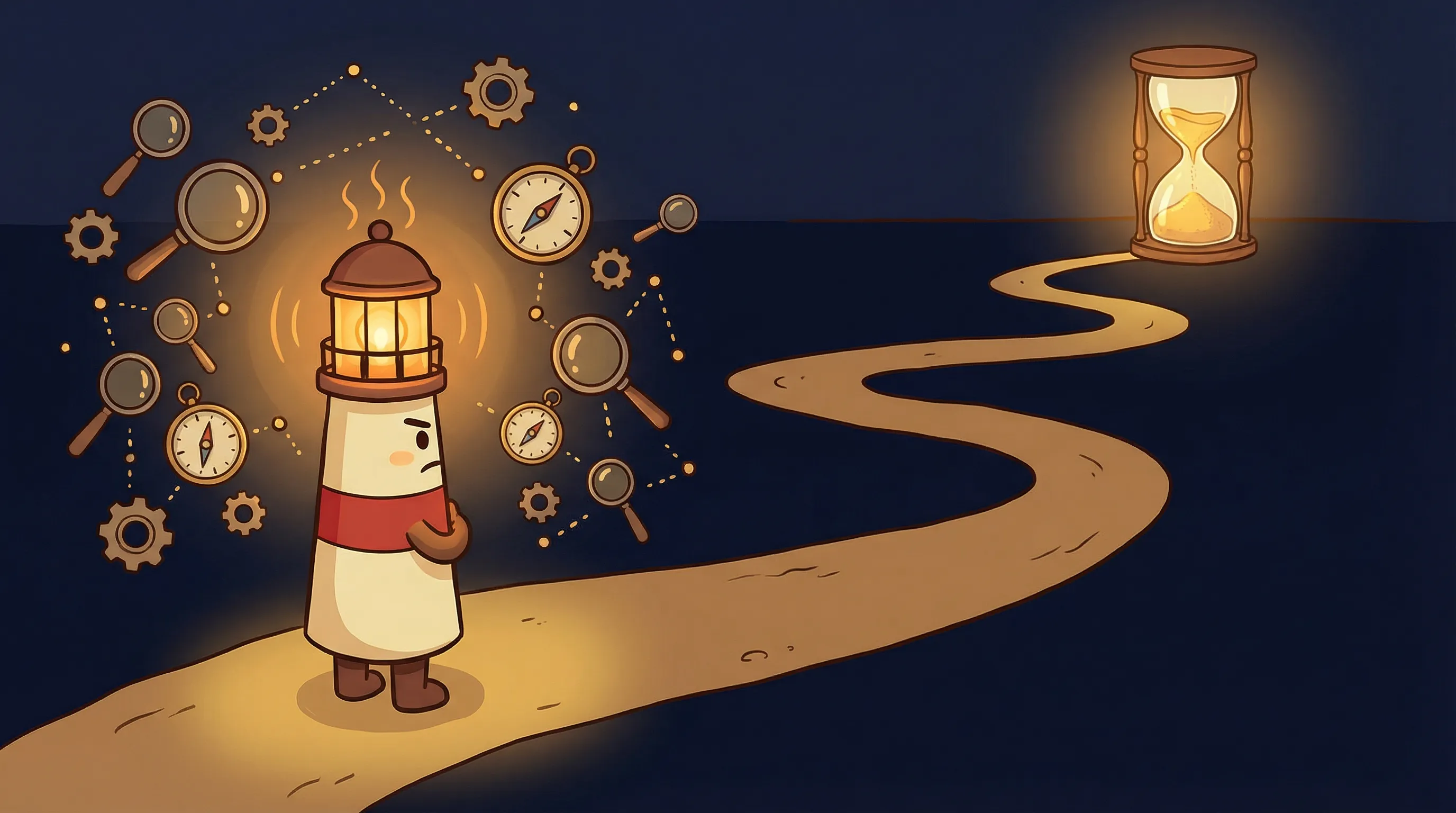 Beacon the lighthouse illuminating a clock and checklist, symbolizing time-saving through AI automation