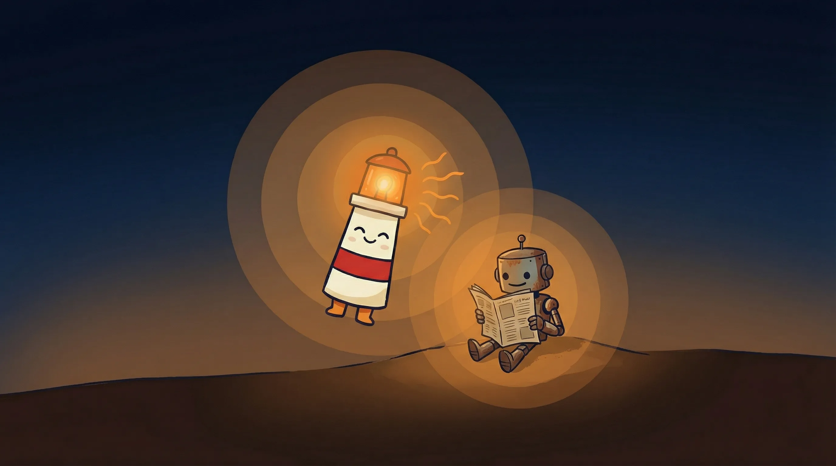 Beacon the lighthouse character shining its amber glow onto a phone displaying a Reddit feed on dark navy background.
