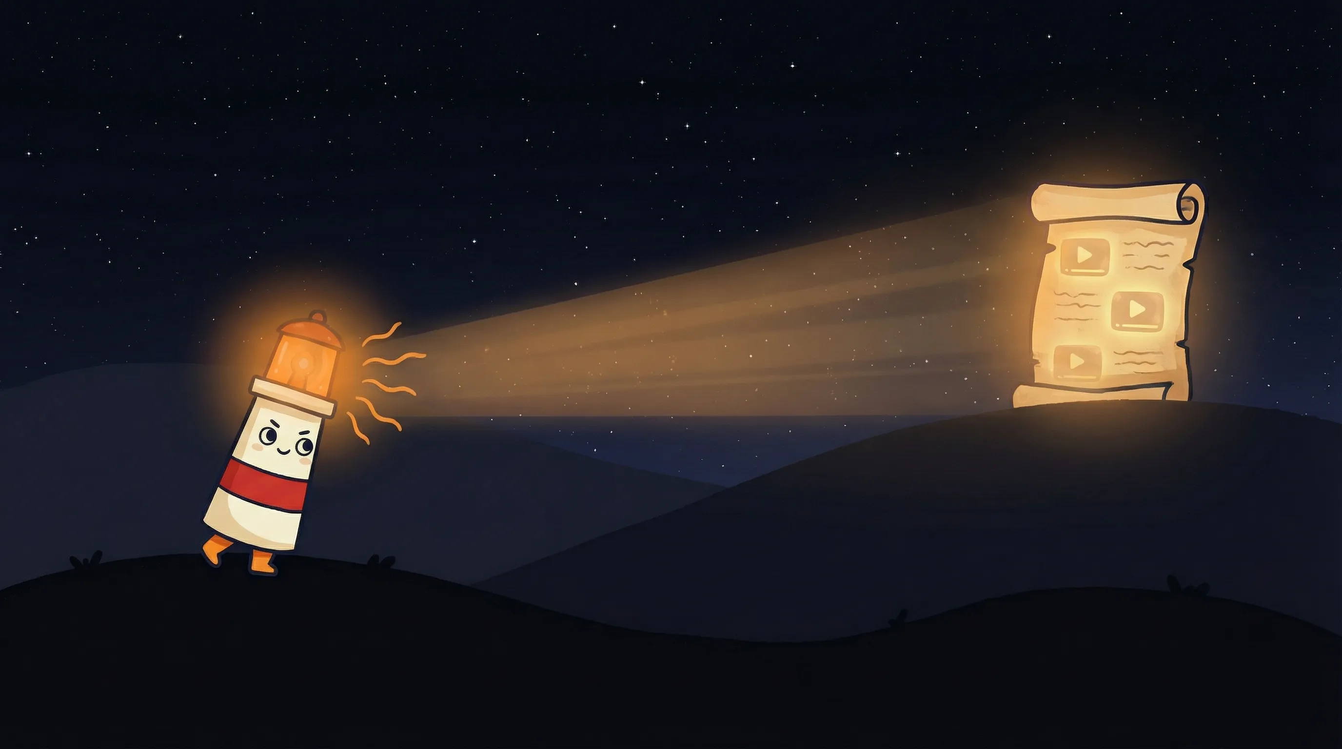 Beacon the lighthouse illuminating a glowing YouTube play button on a dark navy background.