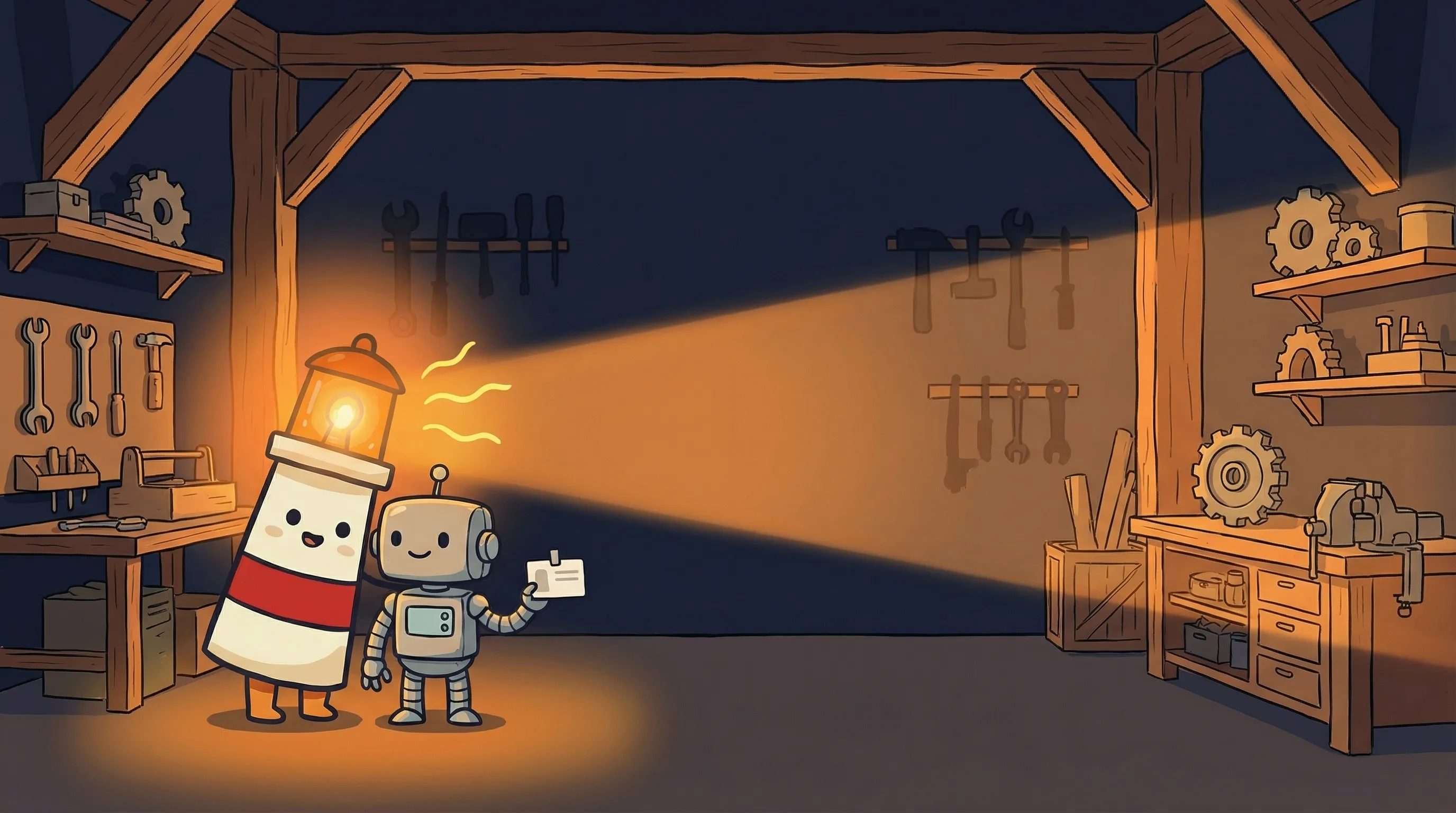 Beacon the lighthouse character shining light on an email envelope, phone, and credential icons on a dark navy background.