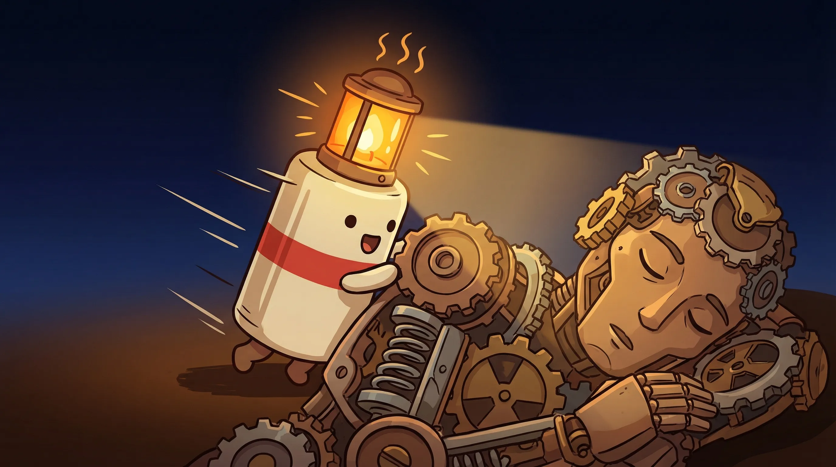 Beacon the lighthouse character shining amber light onto a glowing AI agent task list on dark navy background.