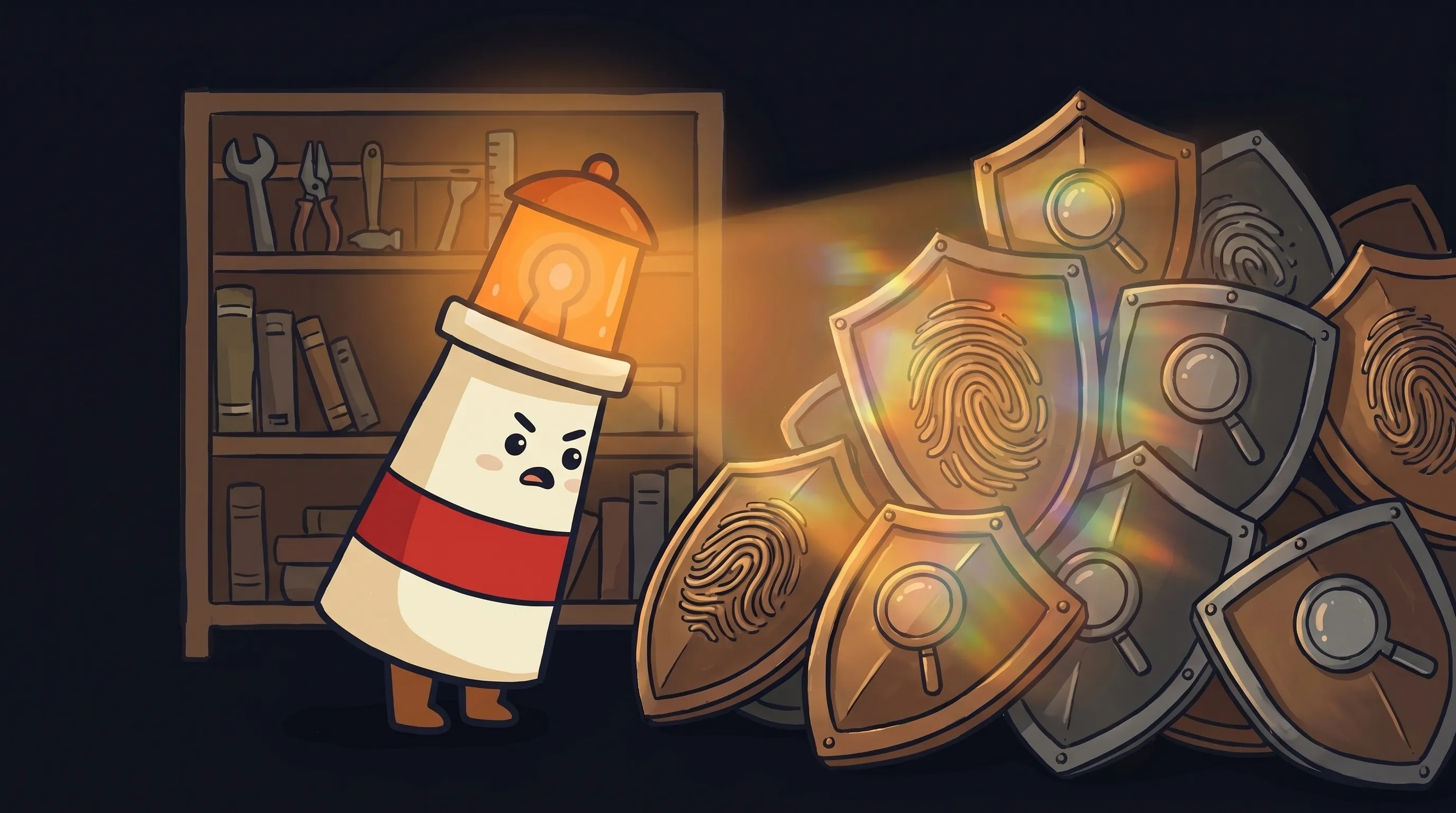 Beacon the lighthouse character shining light on a glowing ID badge, symbolizing identity as a core AI agent concern.