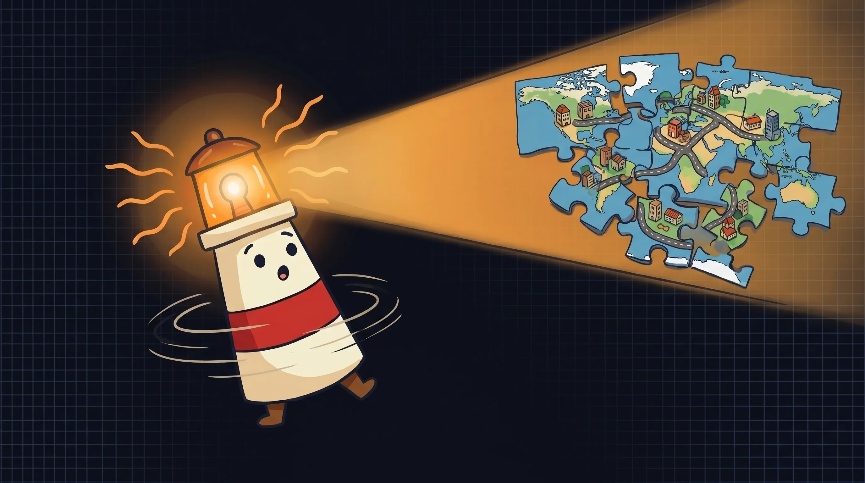 Beacon the lighthouse shining its amber glow onto a tangled web of conflicting AI definition documents and question marks.