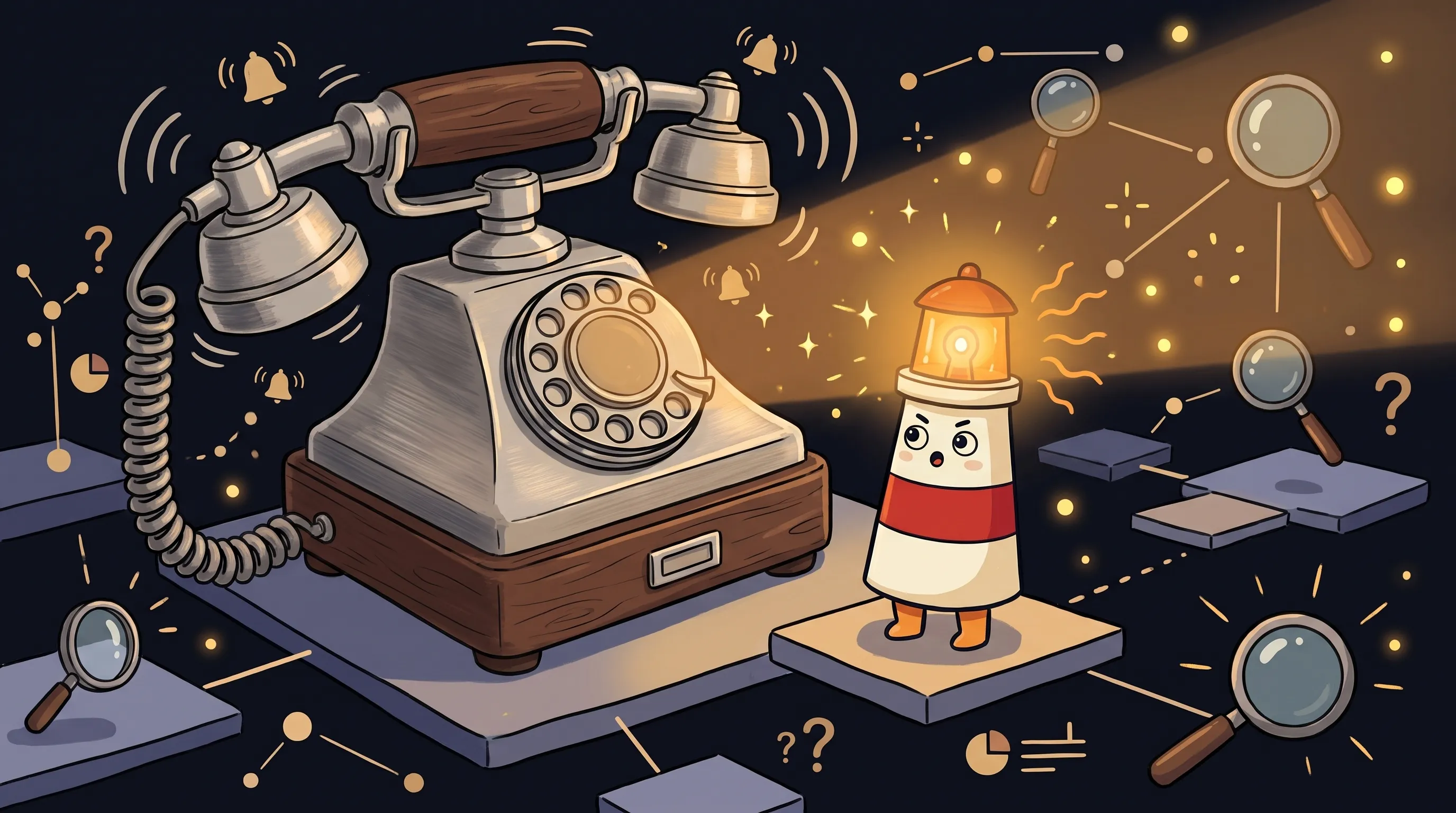 Cartoon lighthouse mascot with glowing amber lantern stands beside a large vintage rotary phone ringing, surrounded by...