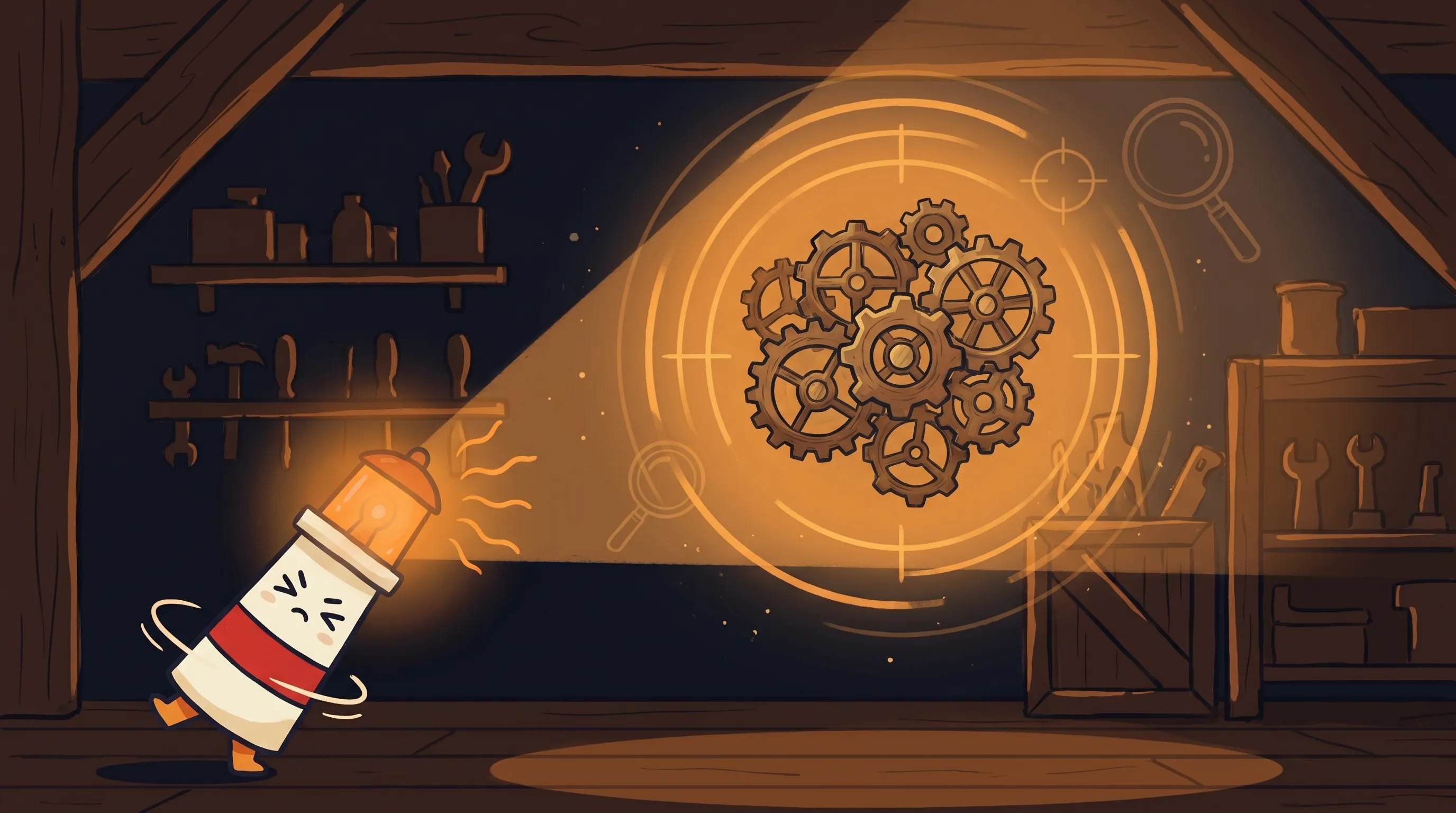 Cartoon flashlight mascot shining a beam onto floating bronze gears in a dimly lit wooden workshop.
