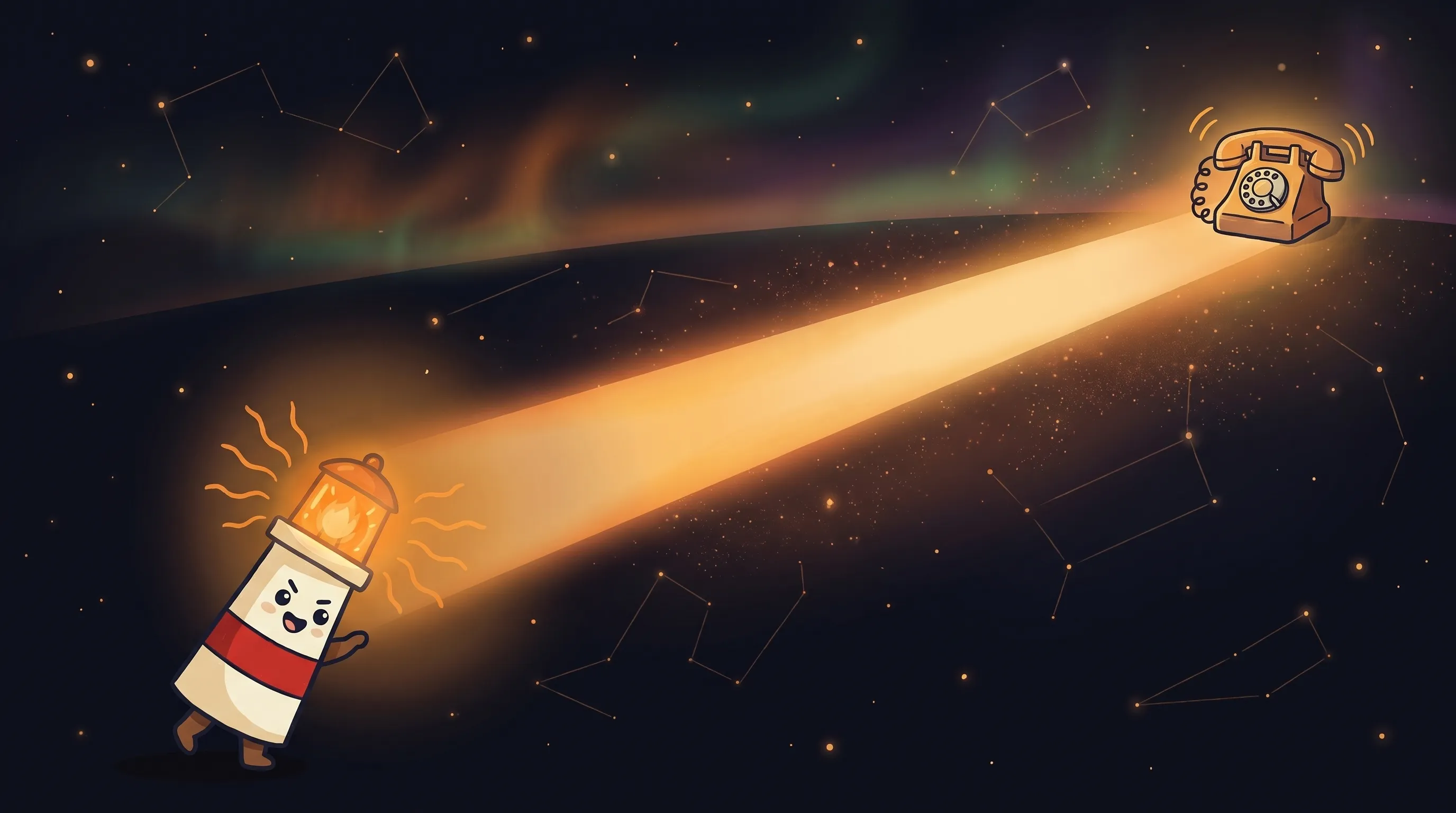 Cartoon lighthouse mascot beams a glowing light across a starry night sky toward a ringing rotary telephone in the distance.