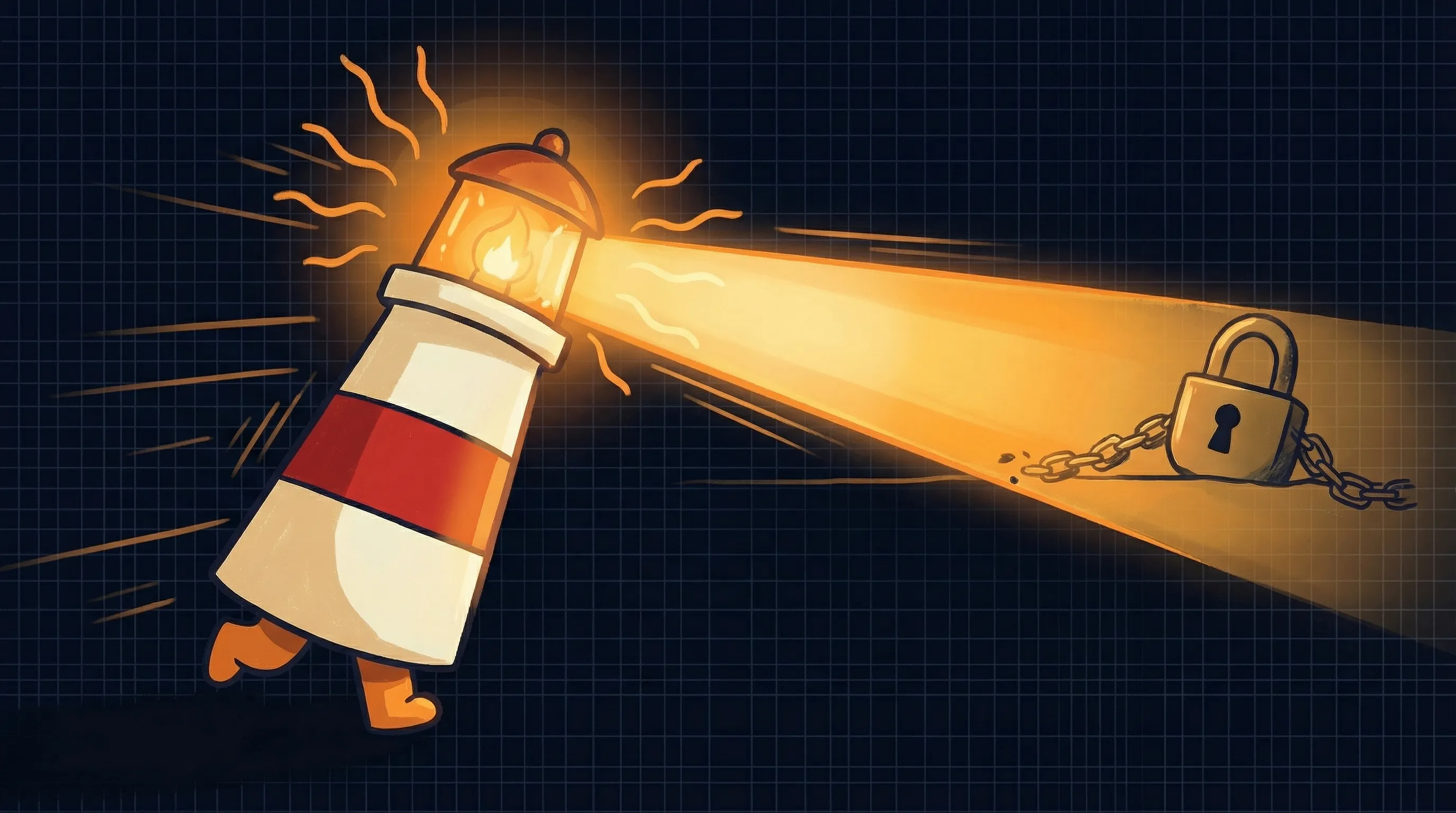 Beacon the lighthouse illuminating a laptop with AI sparkles, symbolizing unsanctioned workplace AI tool usage.