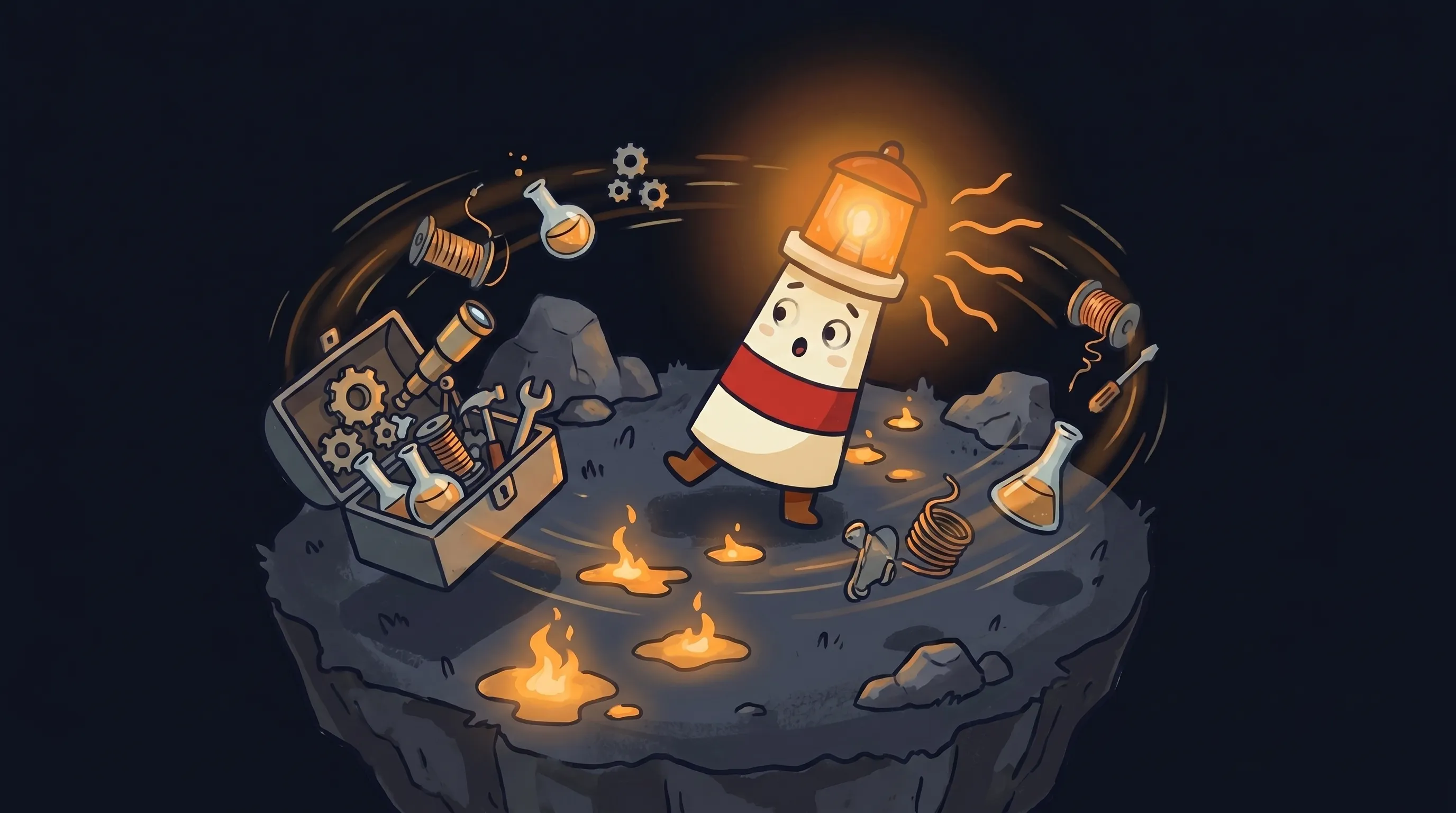 Beacon the lighthouse illuminating a collection of AI research tools, glowing amber light casting warm rays on scientific ...