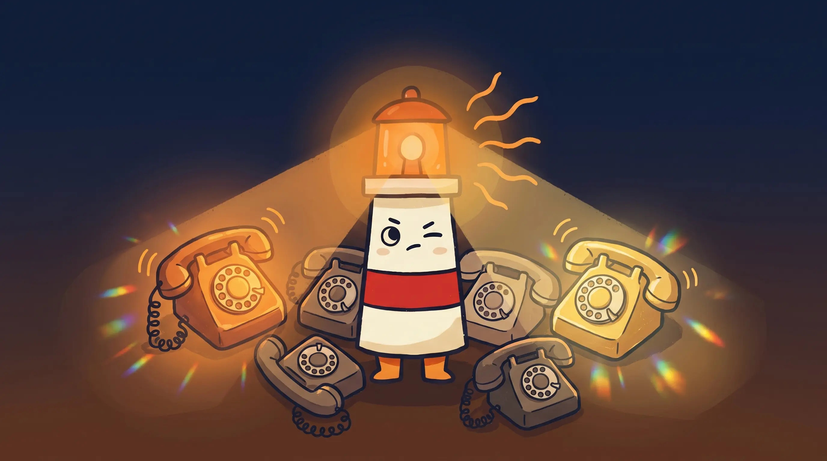 Cartoon lighthouse mascot with glowing amber lantern head stands surrounded by six ringing rotary phones on a dark...