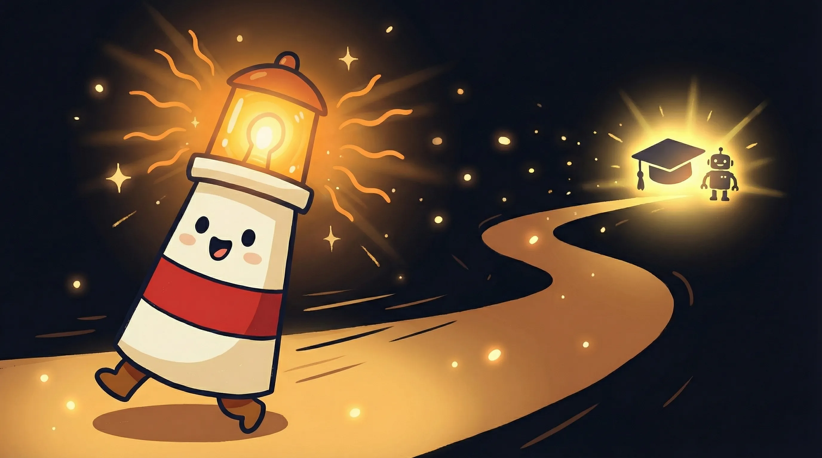 Beacon the lighthouse illuminating a stack of AI course certificates, glowing amber light casting warm rays on the books b...