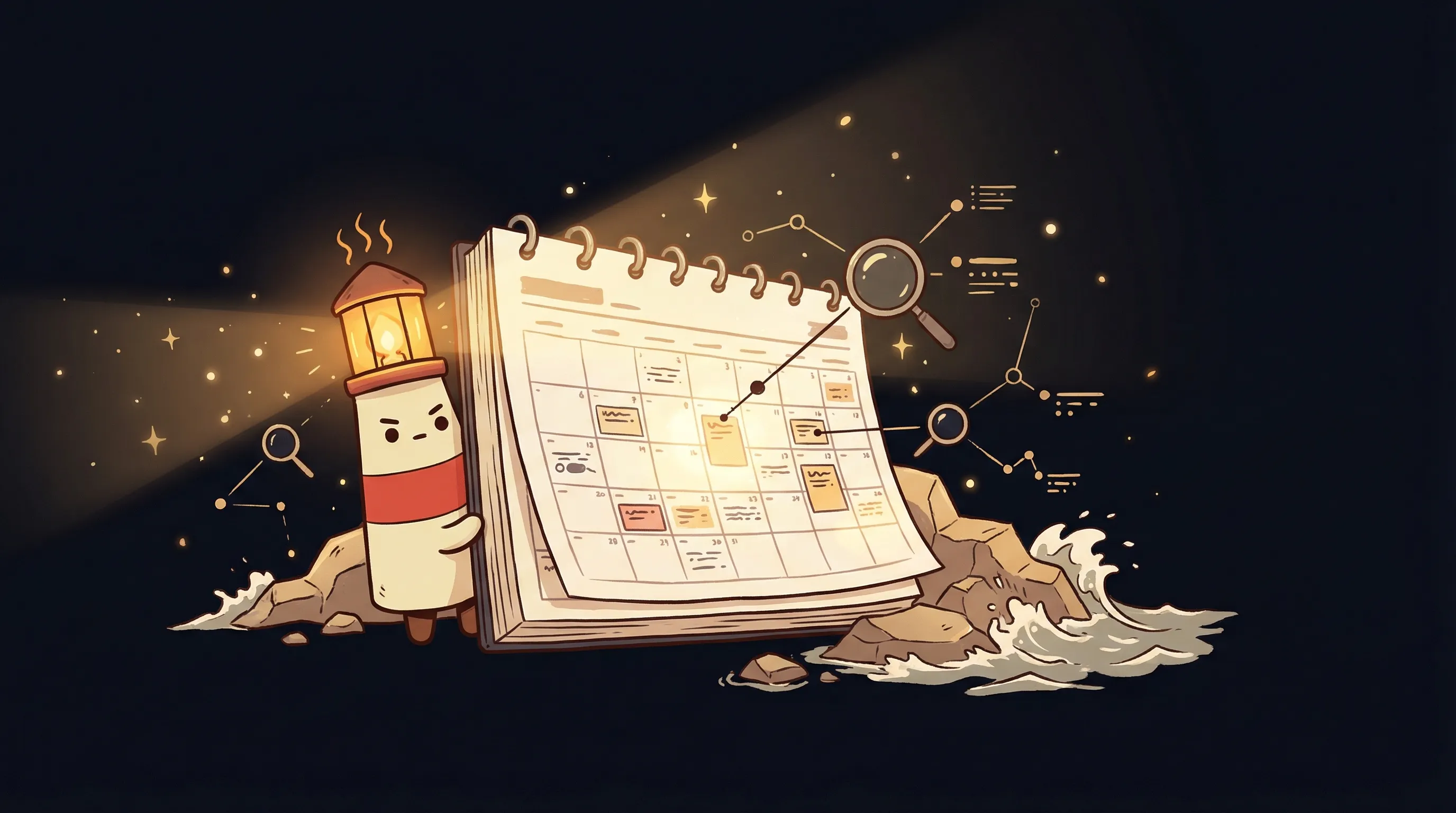 Beacon the lighthouse illuminating a calendar with meeting appointments on a dark navy background.
