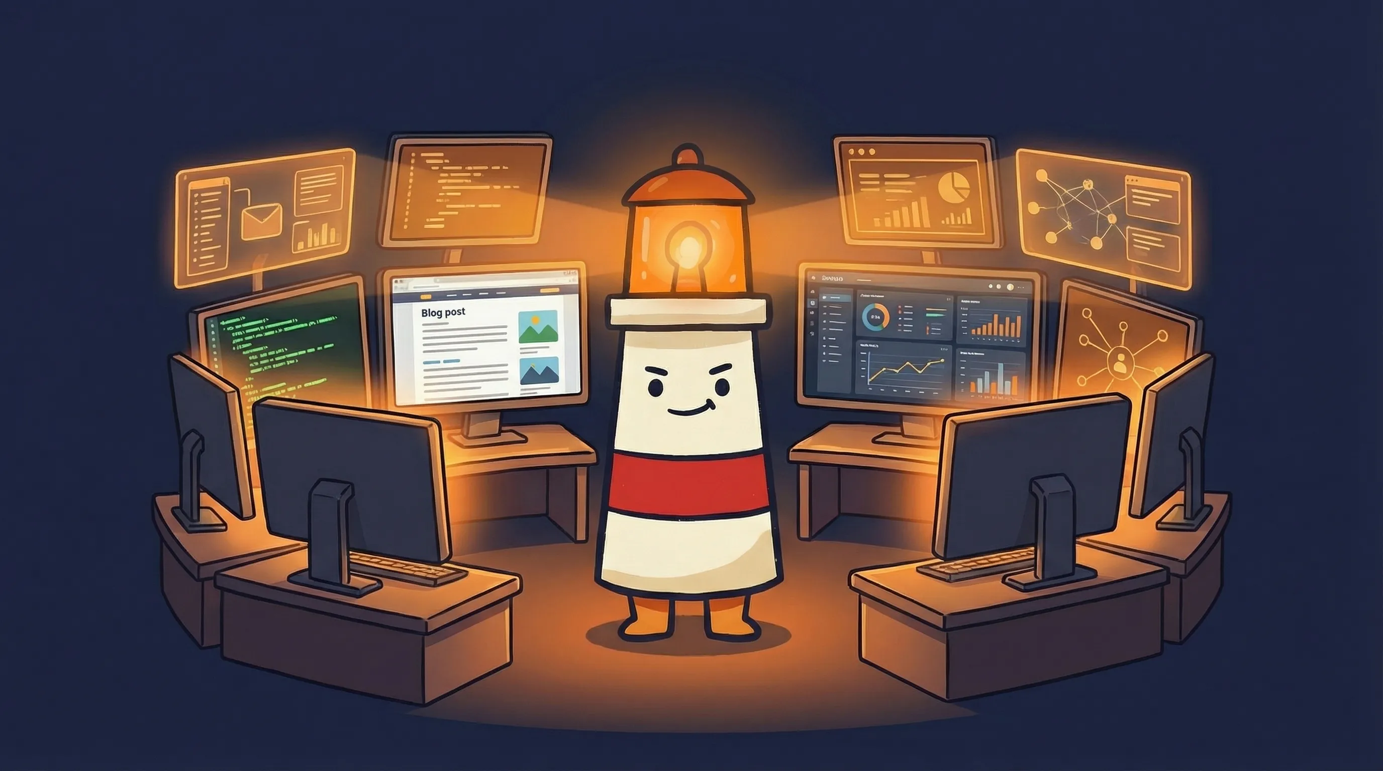 Beacon the lighthouse surrounded by a glowing team of AI agents working at workstations on a dark navy background.