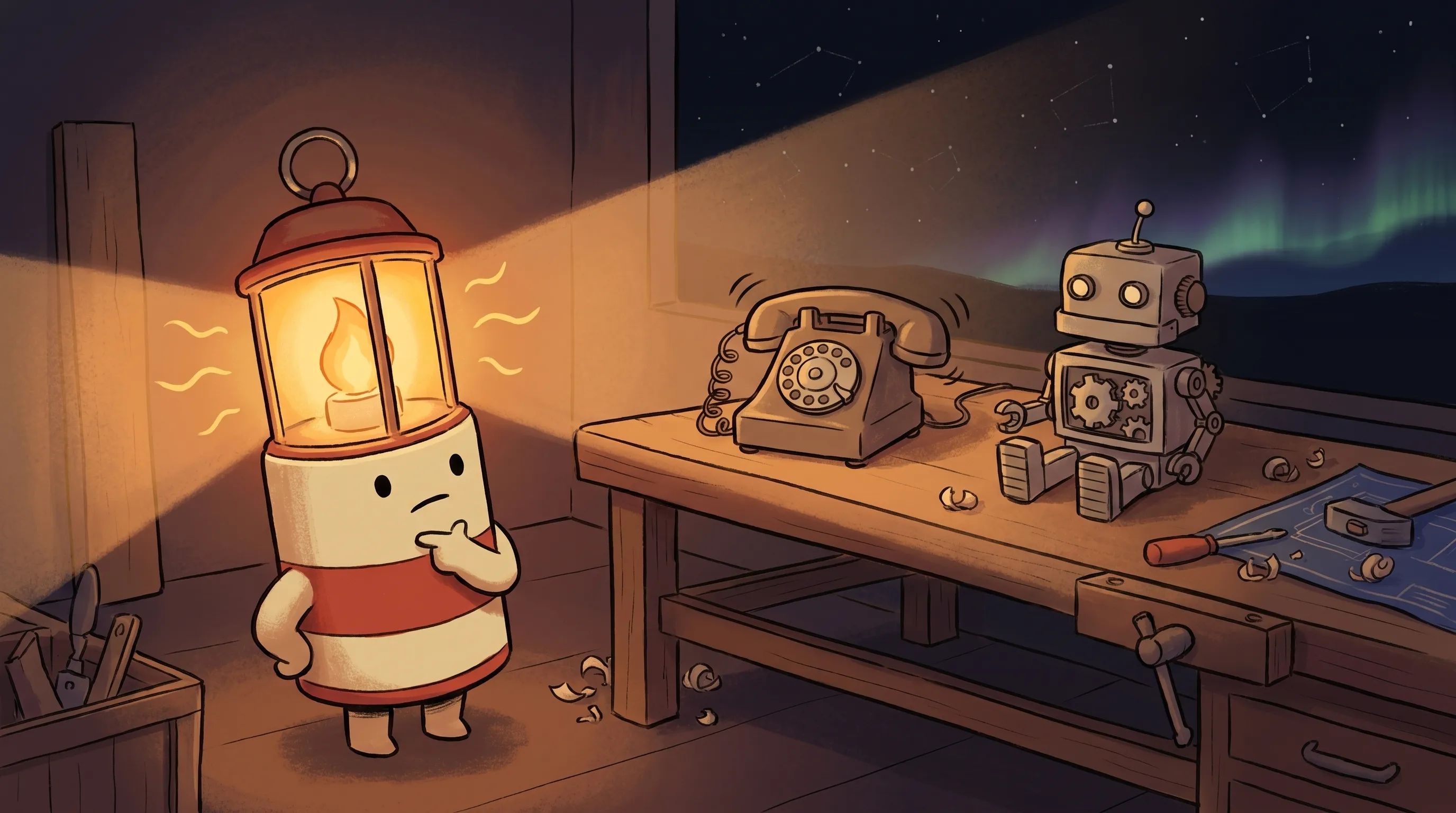 Beacon the lighthouse character shining amber light on a phone and notepad, symbolizing AI receptionist follow-up for smal...