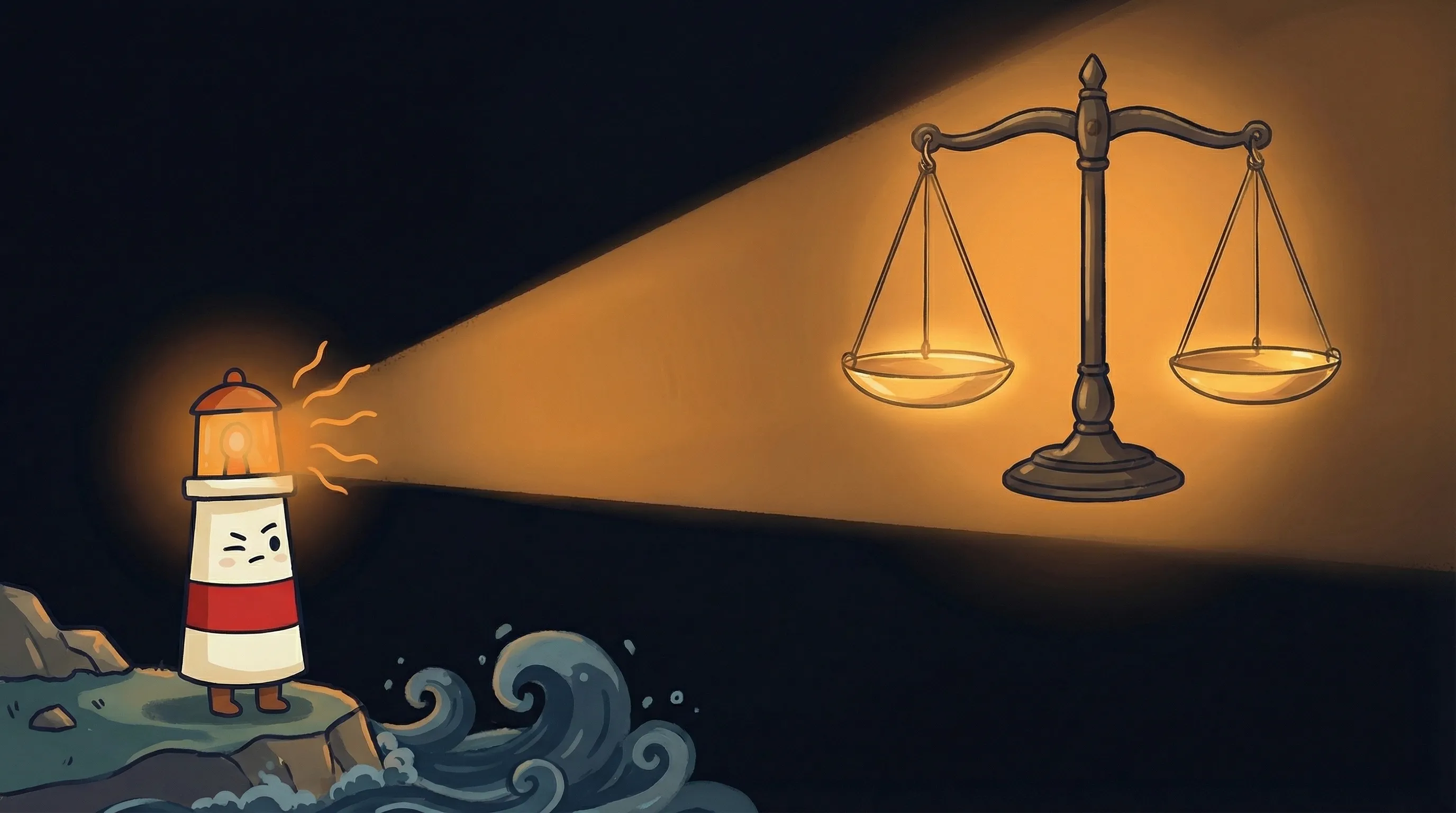 Beacon the lighthouse illuminating two AI assistant app icons, cream body with red stripe, amber glow on dark navy backgro...