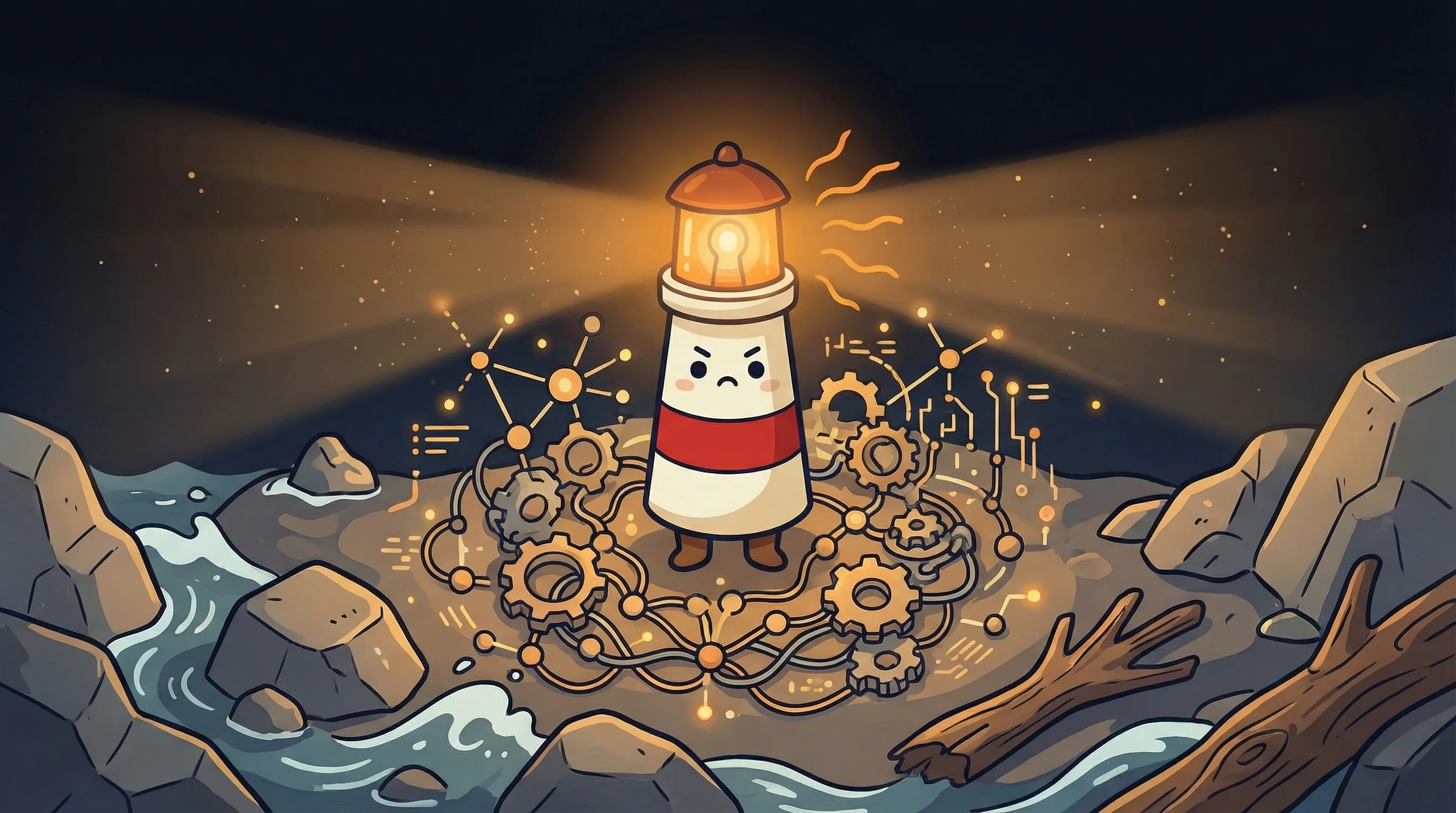 Beacon the lighthouse character shining light on a network of AI agents running a company autonomously.