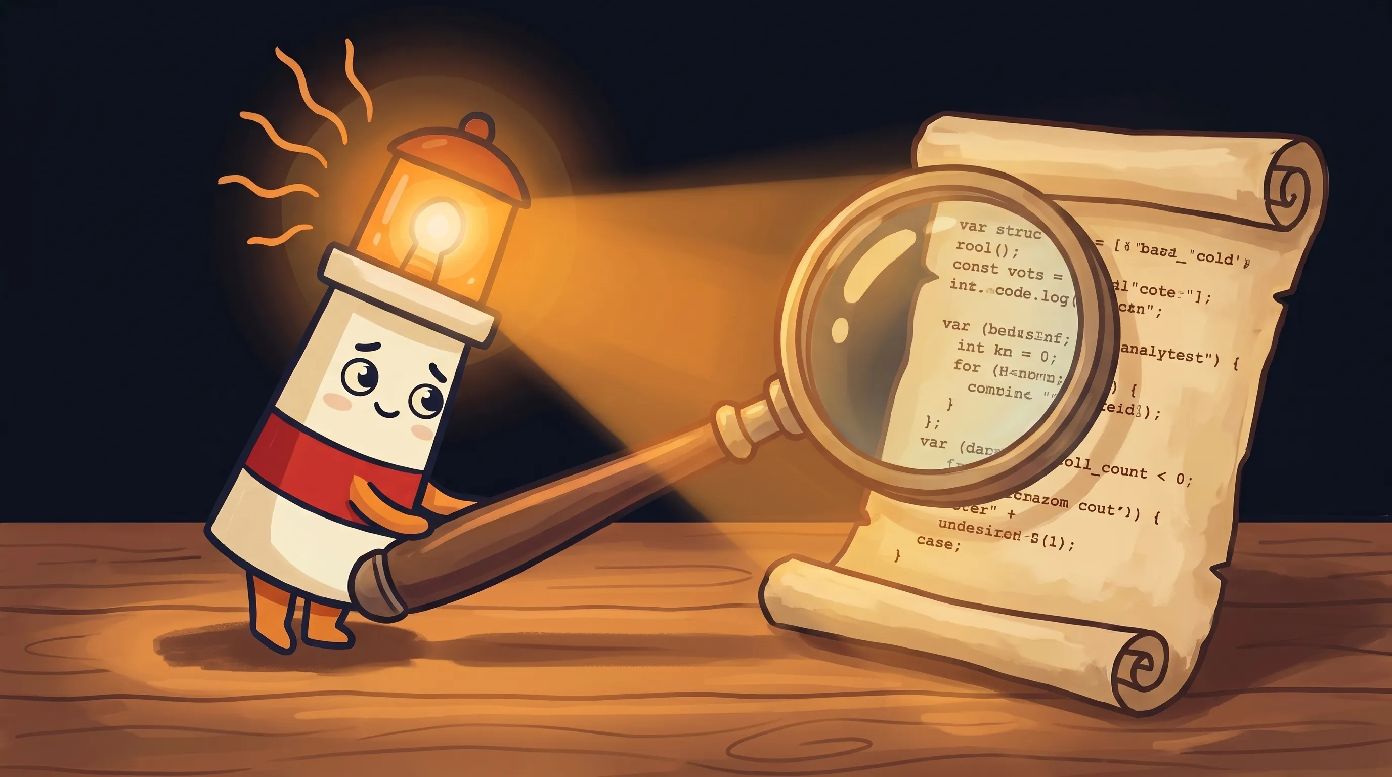 Beacon the lighthouse illuminating a suspicious software package, glowing amber light revealing a hidden skull warning sym...
