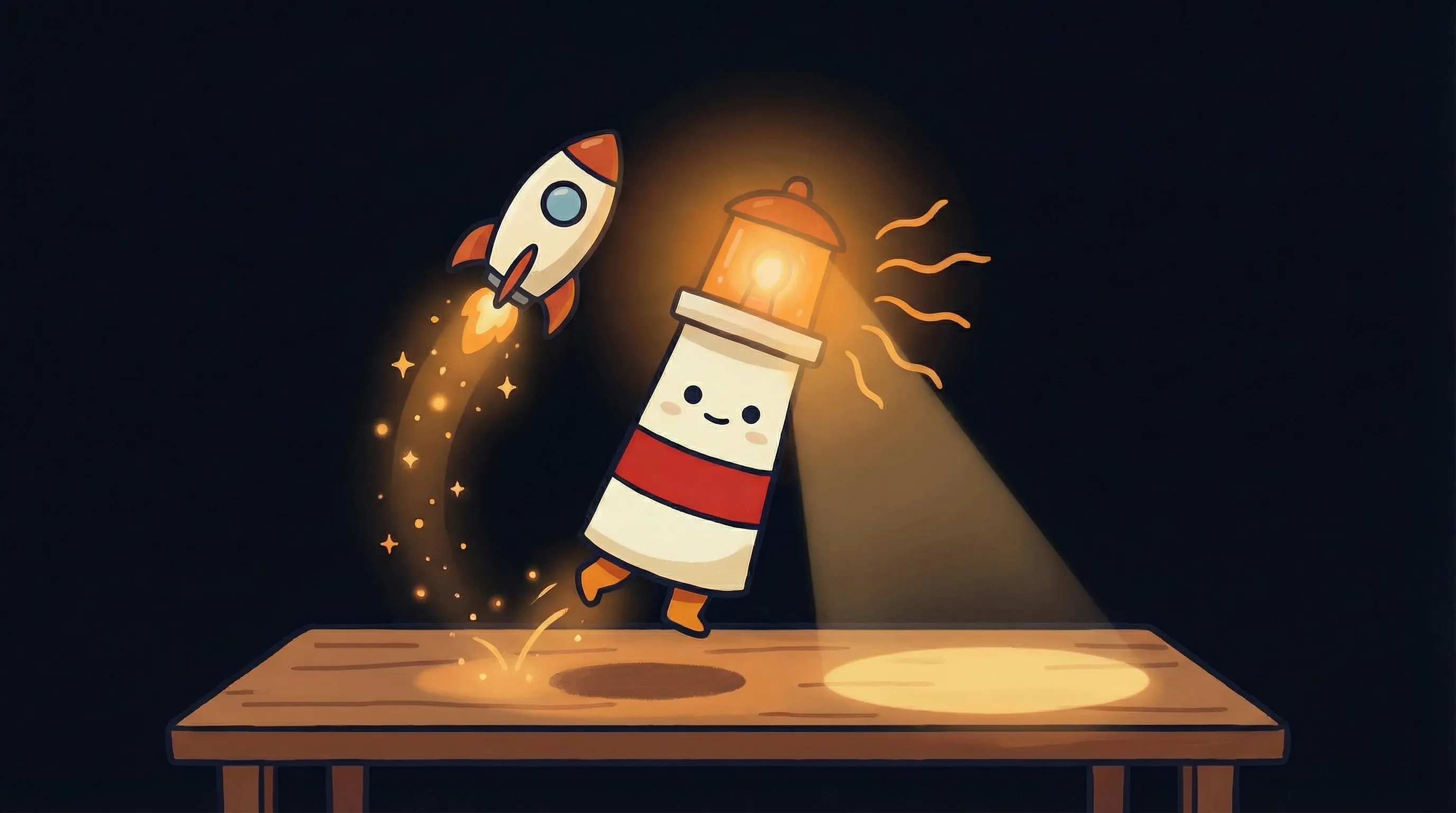 Beacon the lighthouse character shining light on a rocket launching upward, symbolizing faster campaign launches with AI.