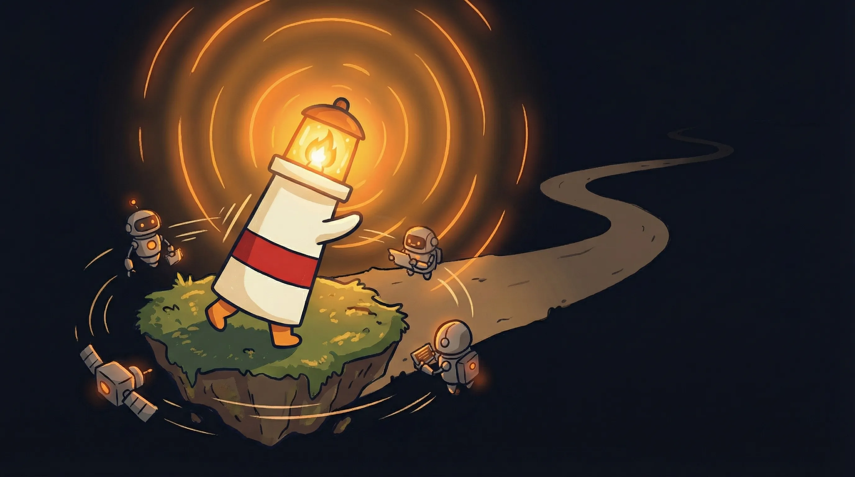 Beacon the lighthouse character shining light on three glowing AI agent figures on a dark navy background.