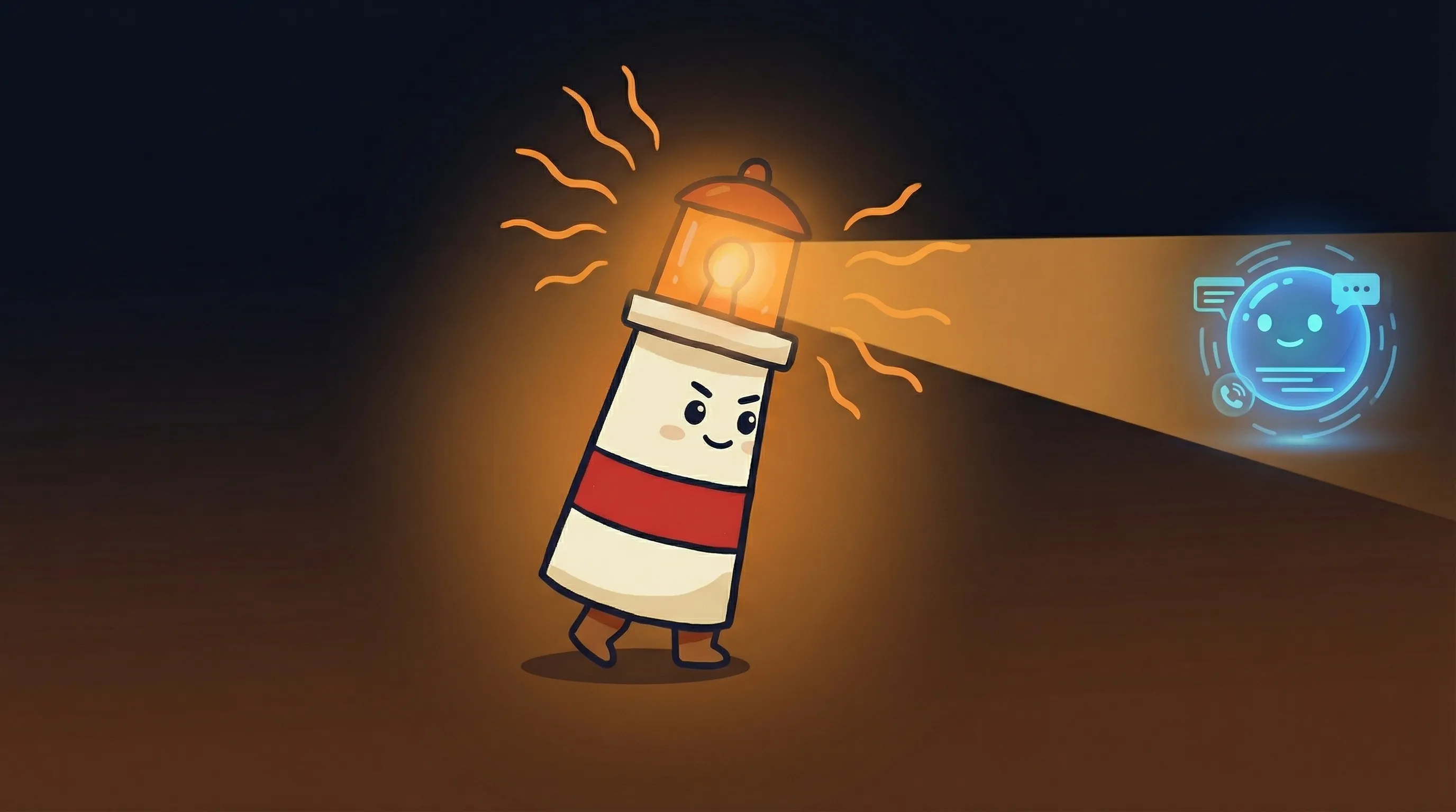 Beacon the lighthouse illuminating a smartphone displaying AI chat interfaces on a dark navy background.