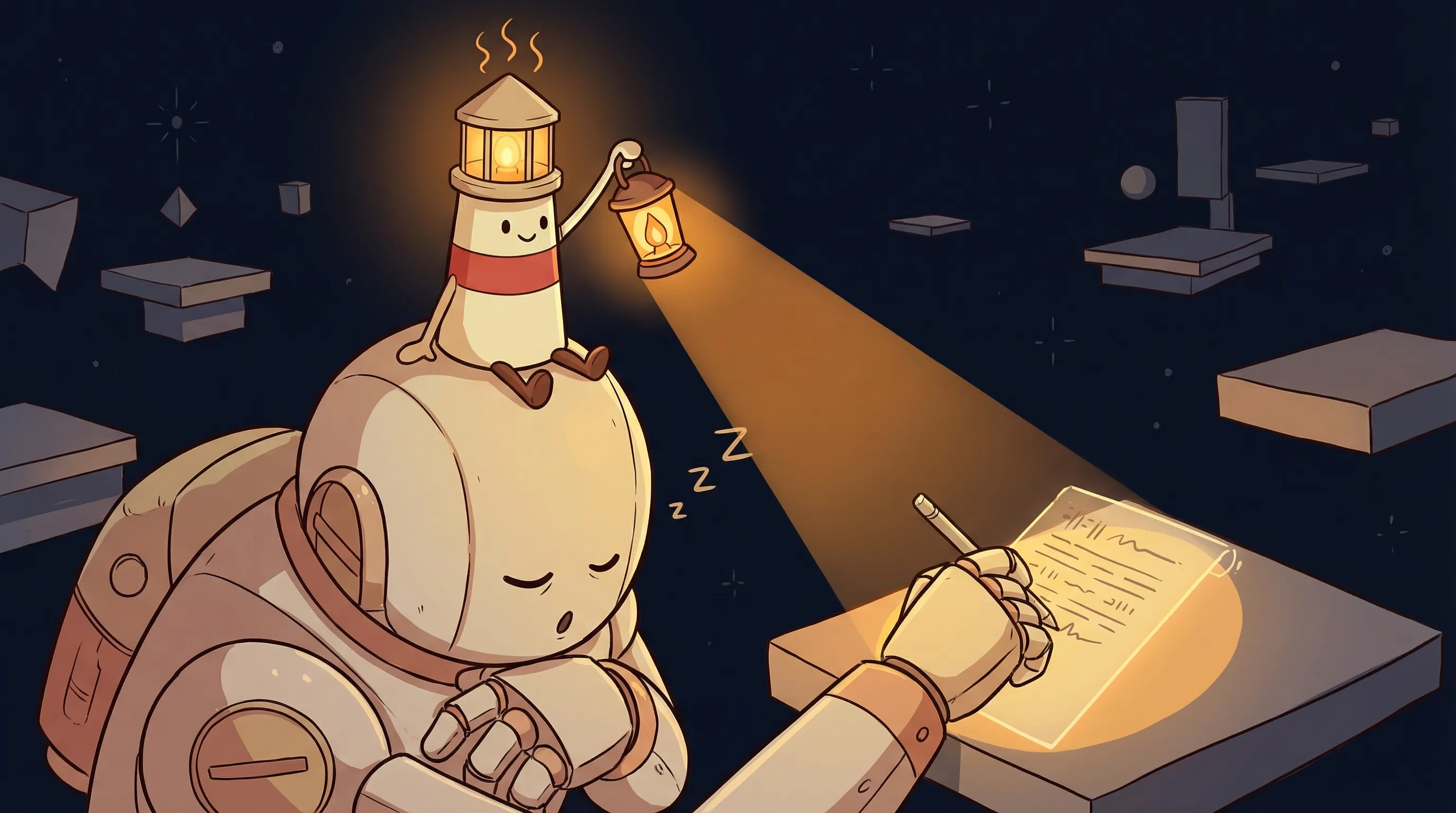 Beacon the lighthouse illuminating a glowing AI content pipeline flowing with automated articles while the world sleeps.