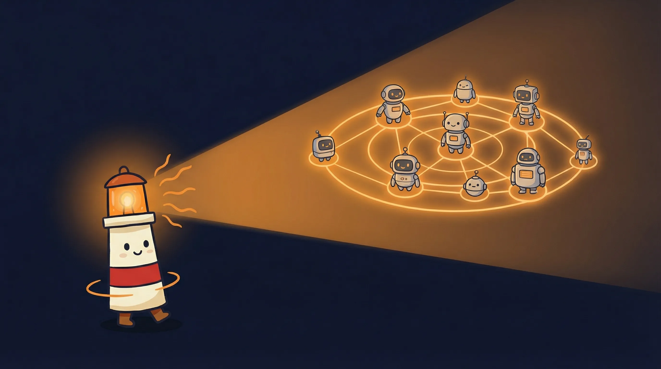 Beacon the lighthouse illuminates a Discord logo, its amber glow highlighting multi-agent AI teamwork setup.