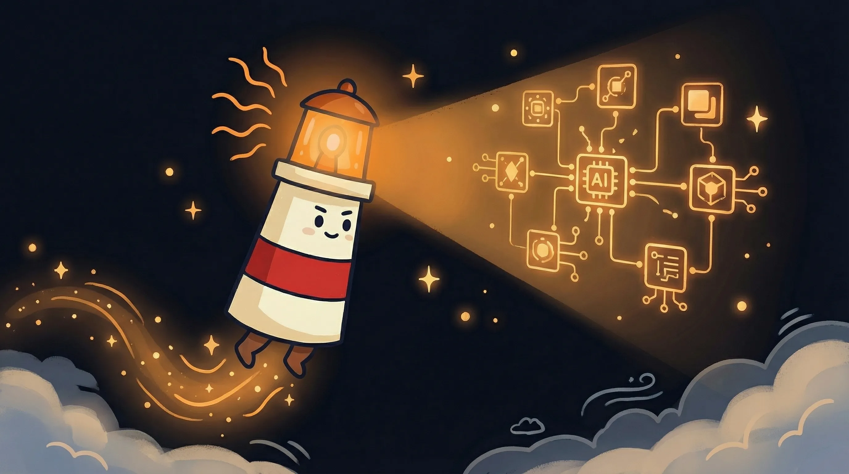 Beacon the lighthouse character shining light on a group of AI agents working together as a research team.