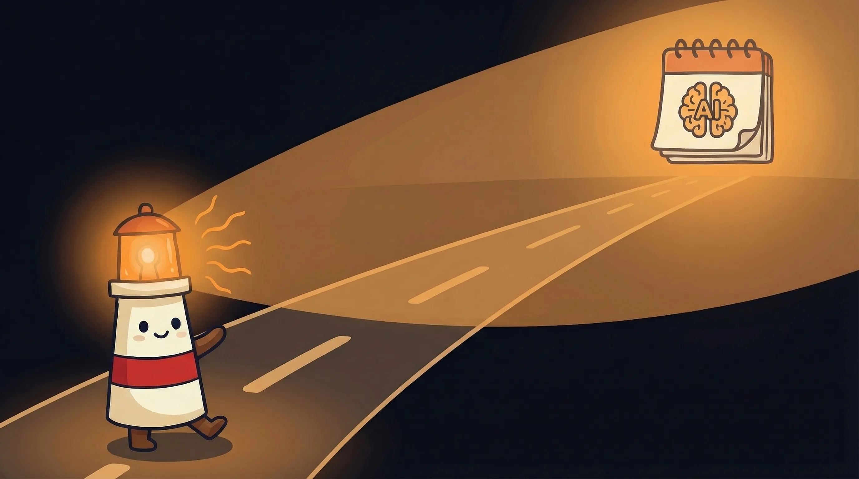 Beacon the lighthouse character shining its amber glow onto a glowing calendar, illustrating an AI scheduling assistant co...