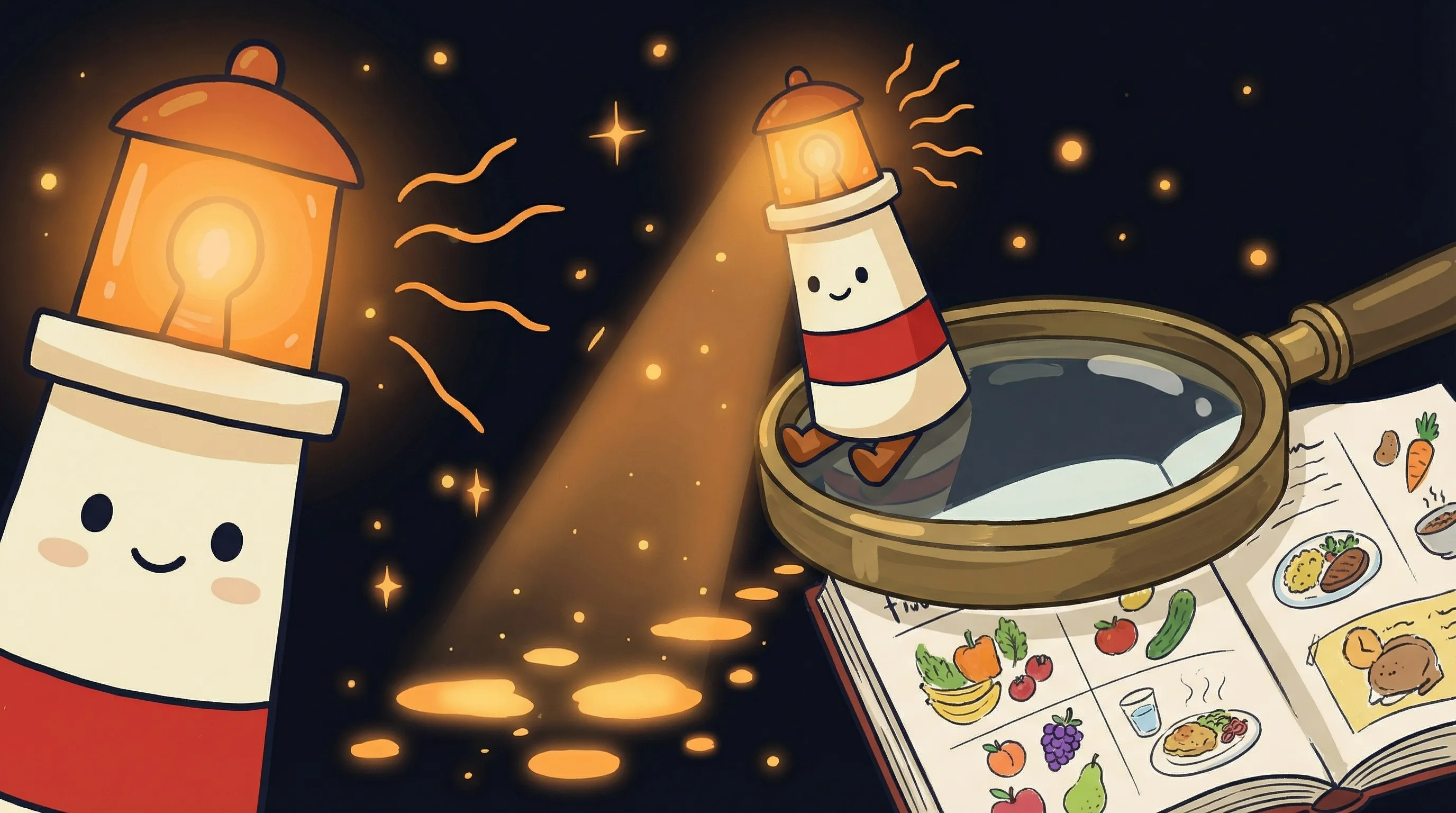 Beacon the lighthouse illuminating a food journal and stomach icon, glowing amber light revealing hidden sensitivity patte...