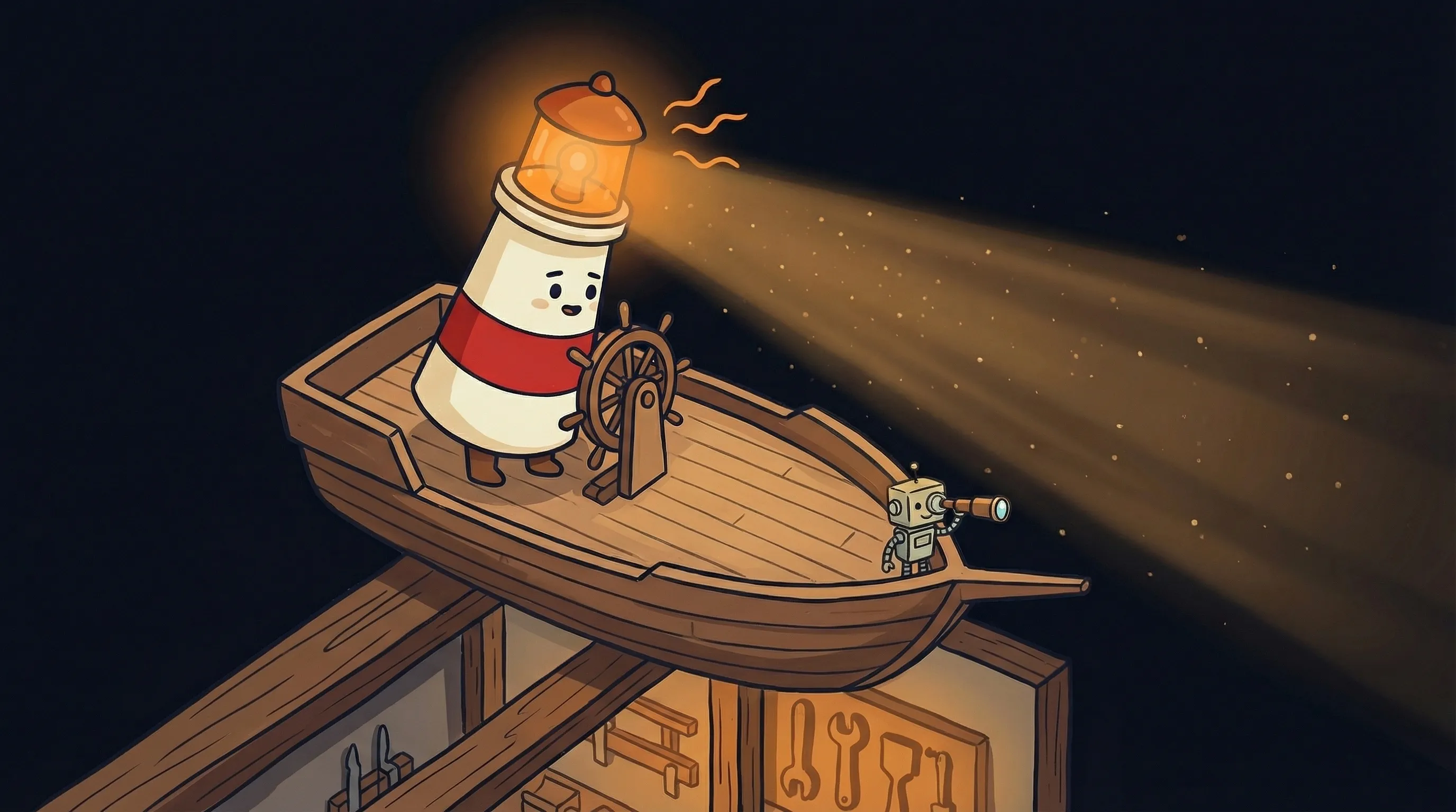 Beacon the lighthouse illuminating a miniature AI analyst team of tiny robot figures with warm amber light on navy backgro...