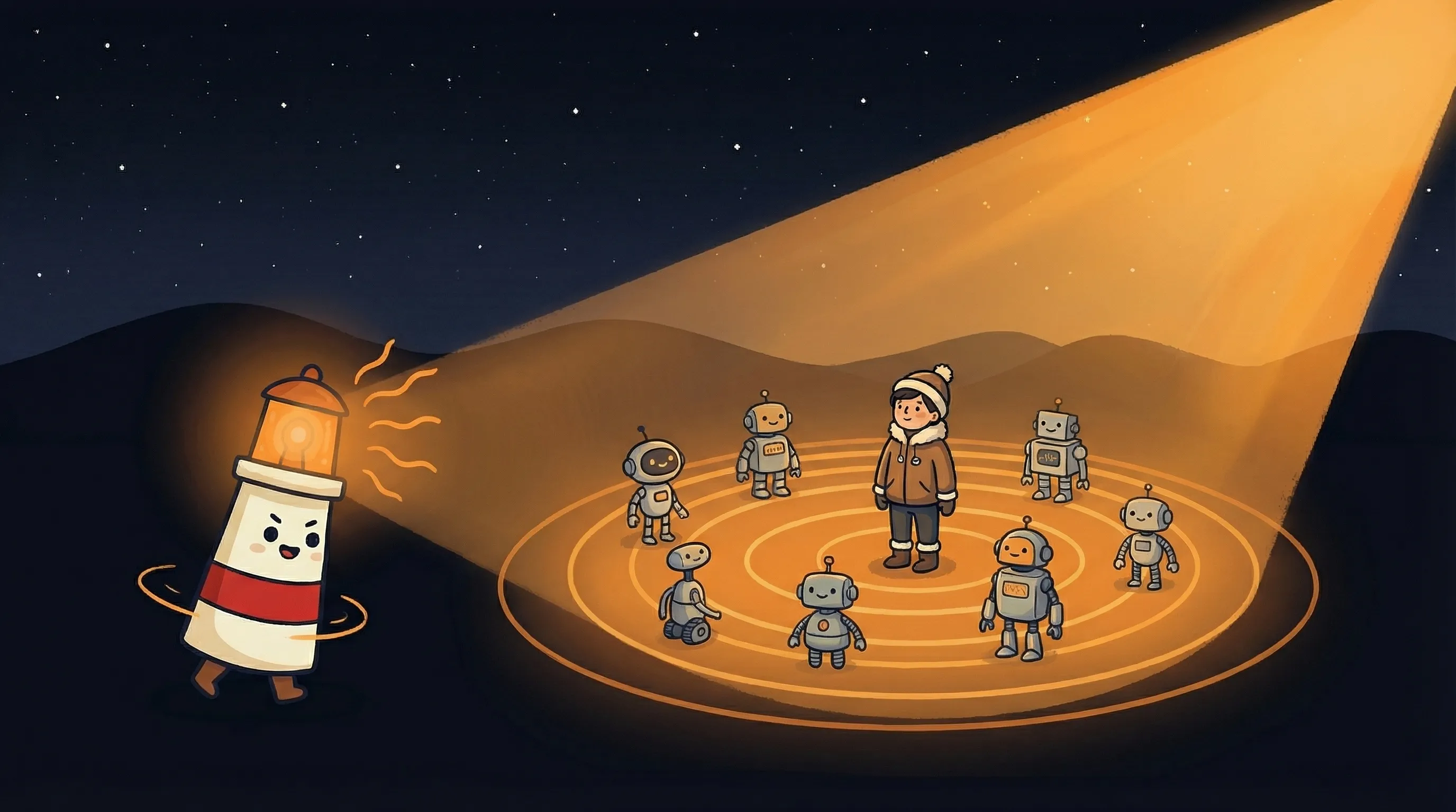 Beacon the lighthouse illuminating a tiny solo developer at a desk surrounded by glowing AI agent icons on dark navy.
