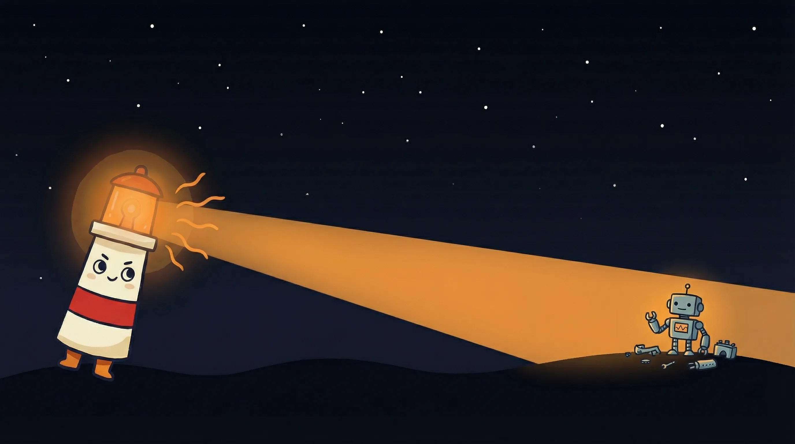 Beacon the lighthouse illuminating AI building blocks with its amber glow on a dark navy background