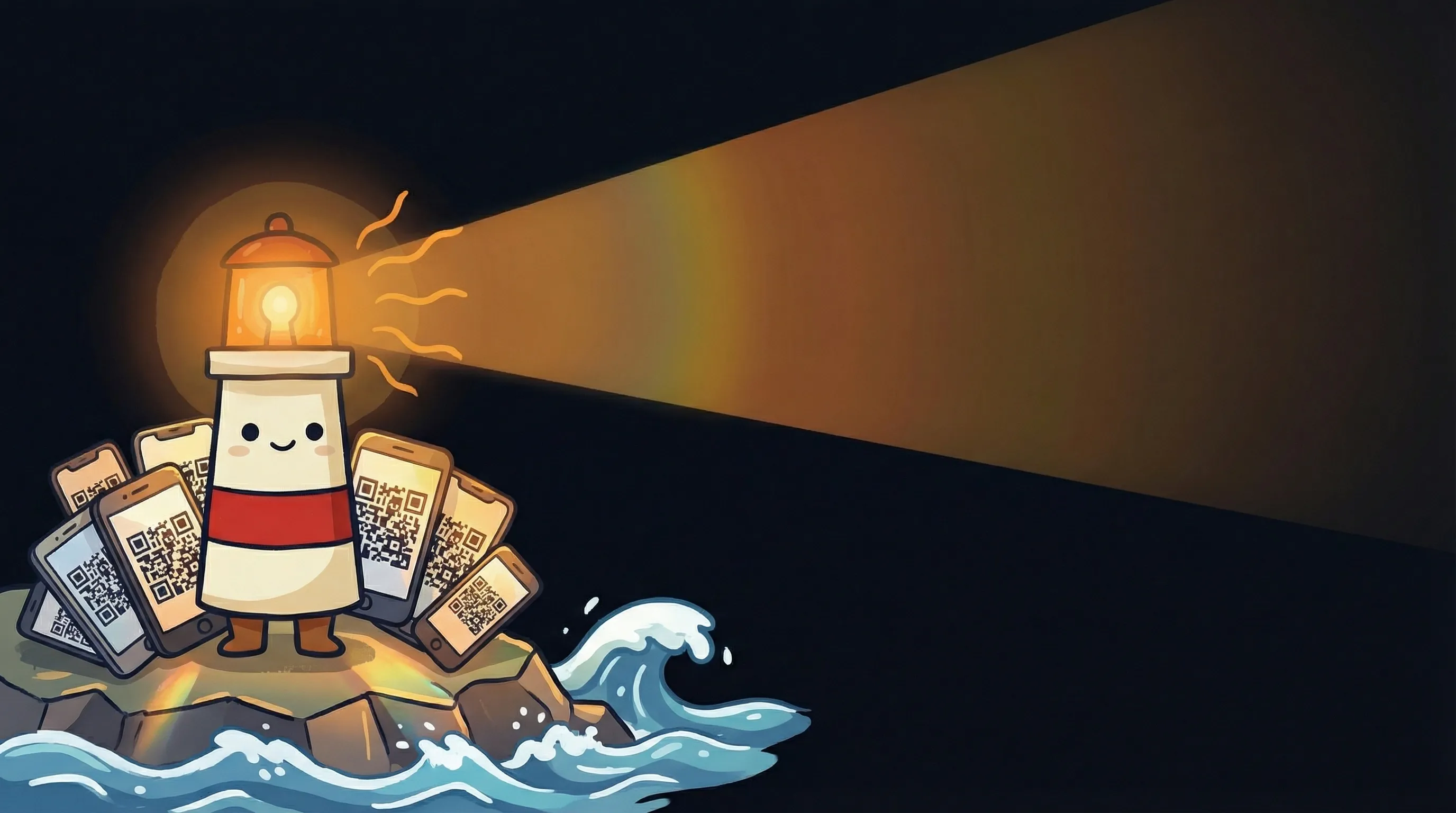 Beacon the lighthouse illuminating a WhatsApp logo, cream body with red stripe, amber glow on dark navy background.