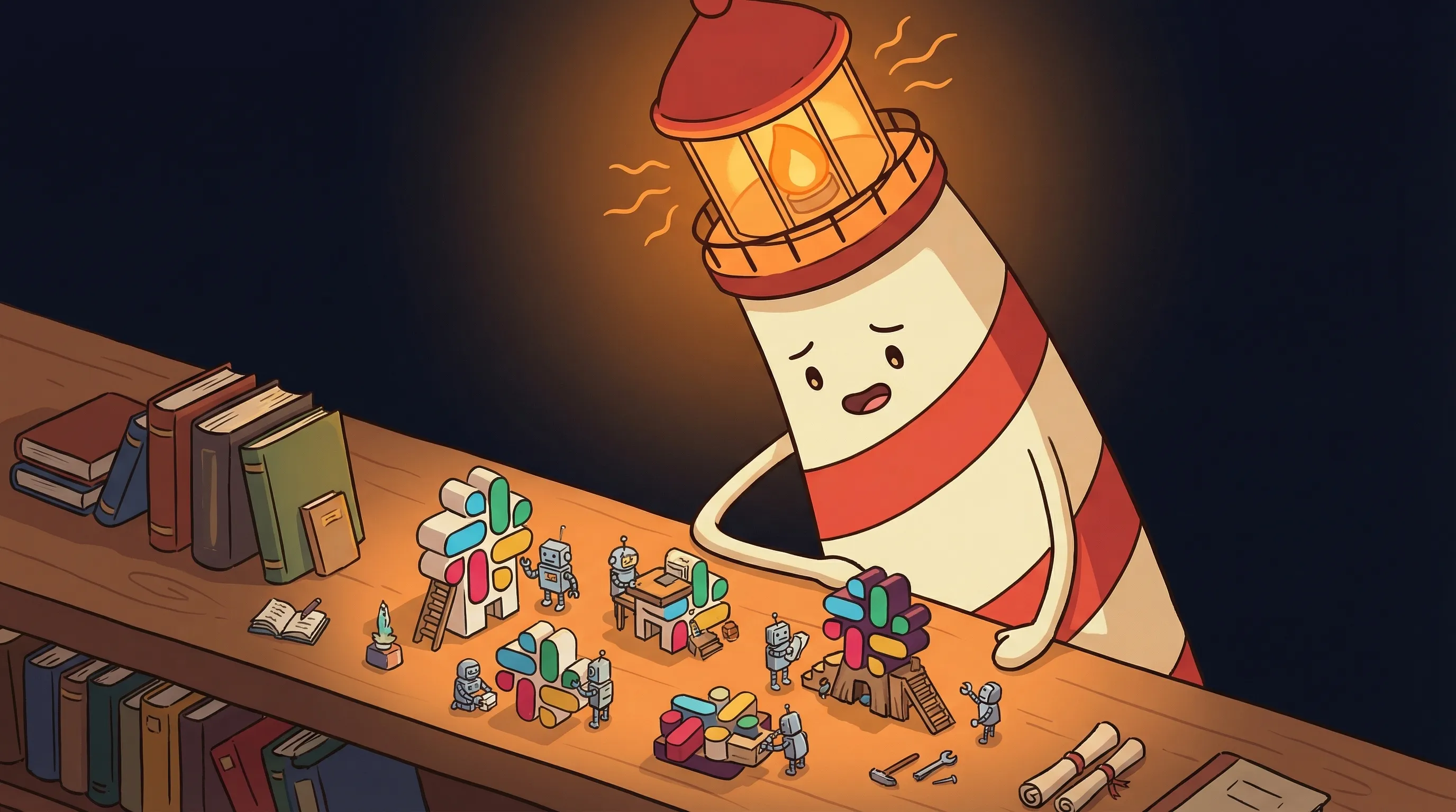 Beacon the lighthouse character shining light on a Slack bot setup interface on a dark navy background.