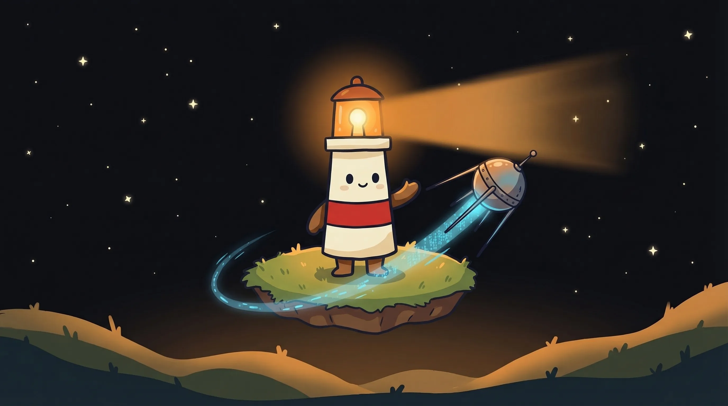 Beacon the lighthouse character shining light on a Telegram logo, illustrating a telegram setup guide.