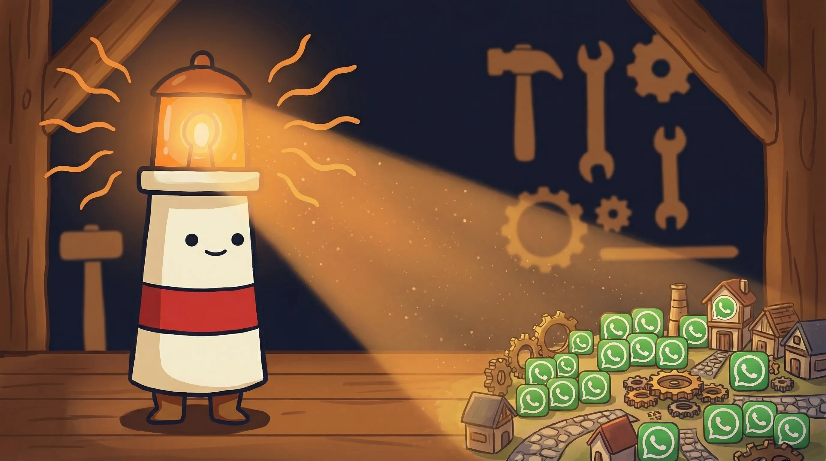 Beacon the lighthouse character shining light on a WhatsApp logo, illustrating a step-by-step WhatsApp setup guide.